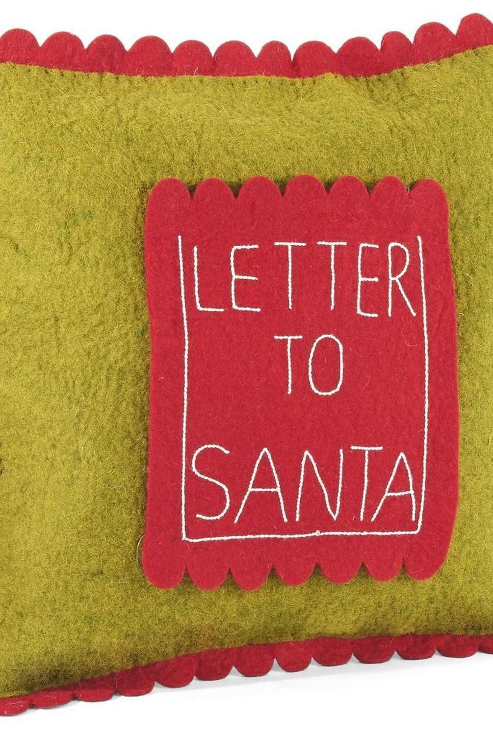 Handmade Christmas Pillow Hand Felted Wool - Letter to Santa Pocket Green - 18" Arcadia Home