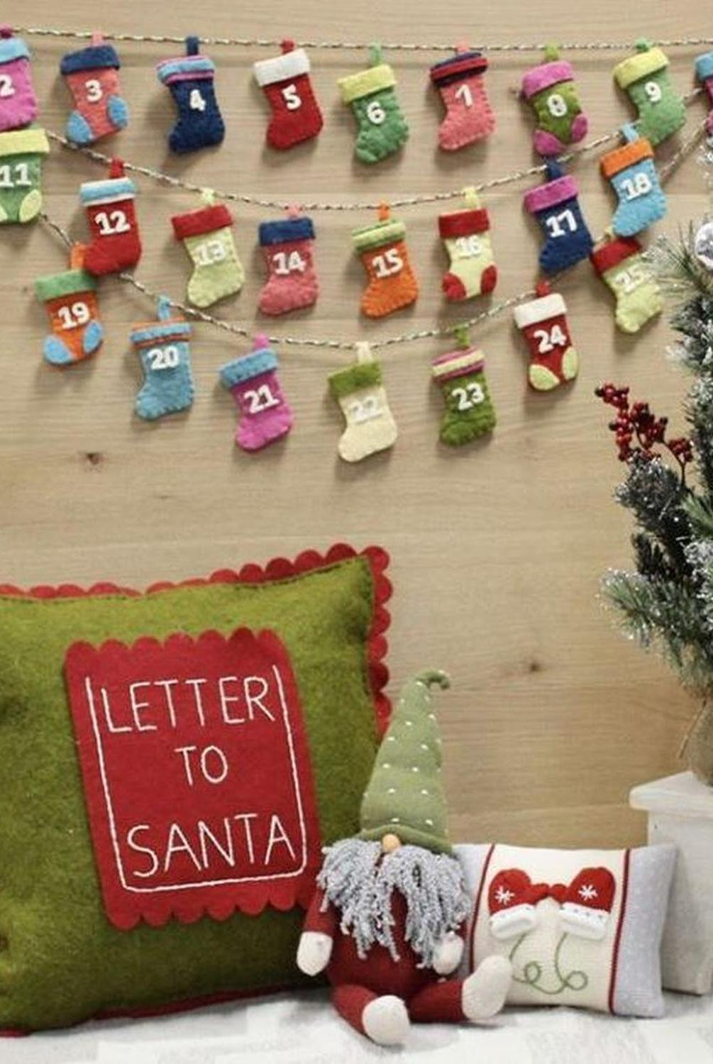 Handmade Christmas Pillow Hand Felted Wool - Letter to Santa Pocket Green - 18" Arcadia Home