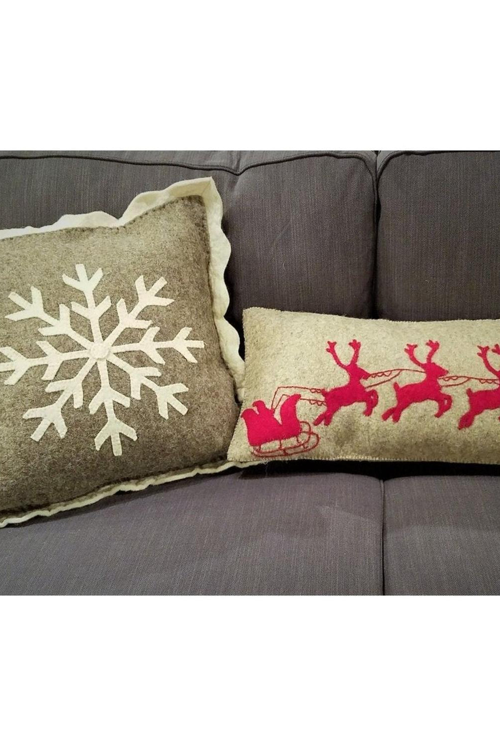 Handmade Christmas Pillow Hand Felted Wool - Red Reindeer Gray - 12"x24" Arcadia Home