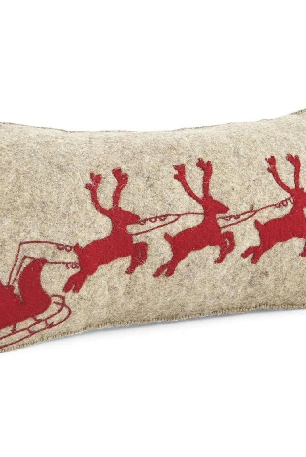 Handmade Christmas Pillow Hand Felted Wool - Red Reindeer Gray - 12"x24" Arcadia Home