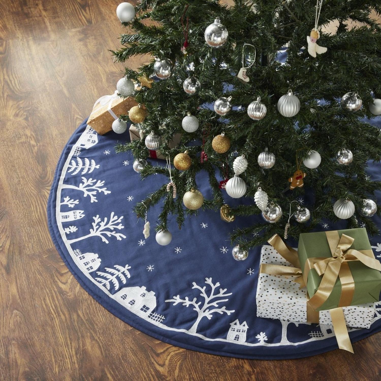 Shop For Handmade Cotton Christmas Tree Skirt - Village Scene Navy Blue - 60" Arcadia Home