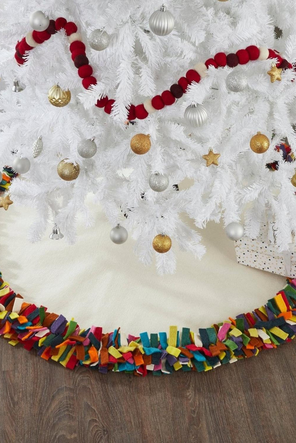 Handmade Felt Multicolor Fringe Border Cream Christmas Tree Skirt Arcadia Home