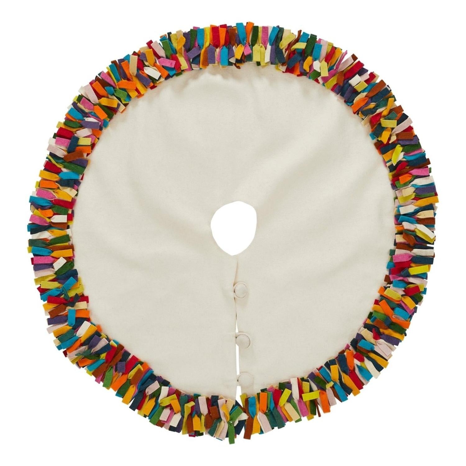 Handmade Felt Multicolor Fringe Border Cream Christmas Tree Skirt Arcadia Home