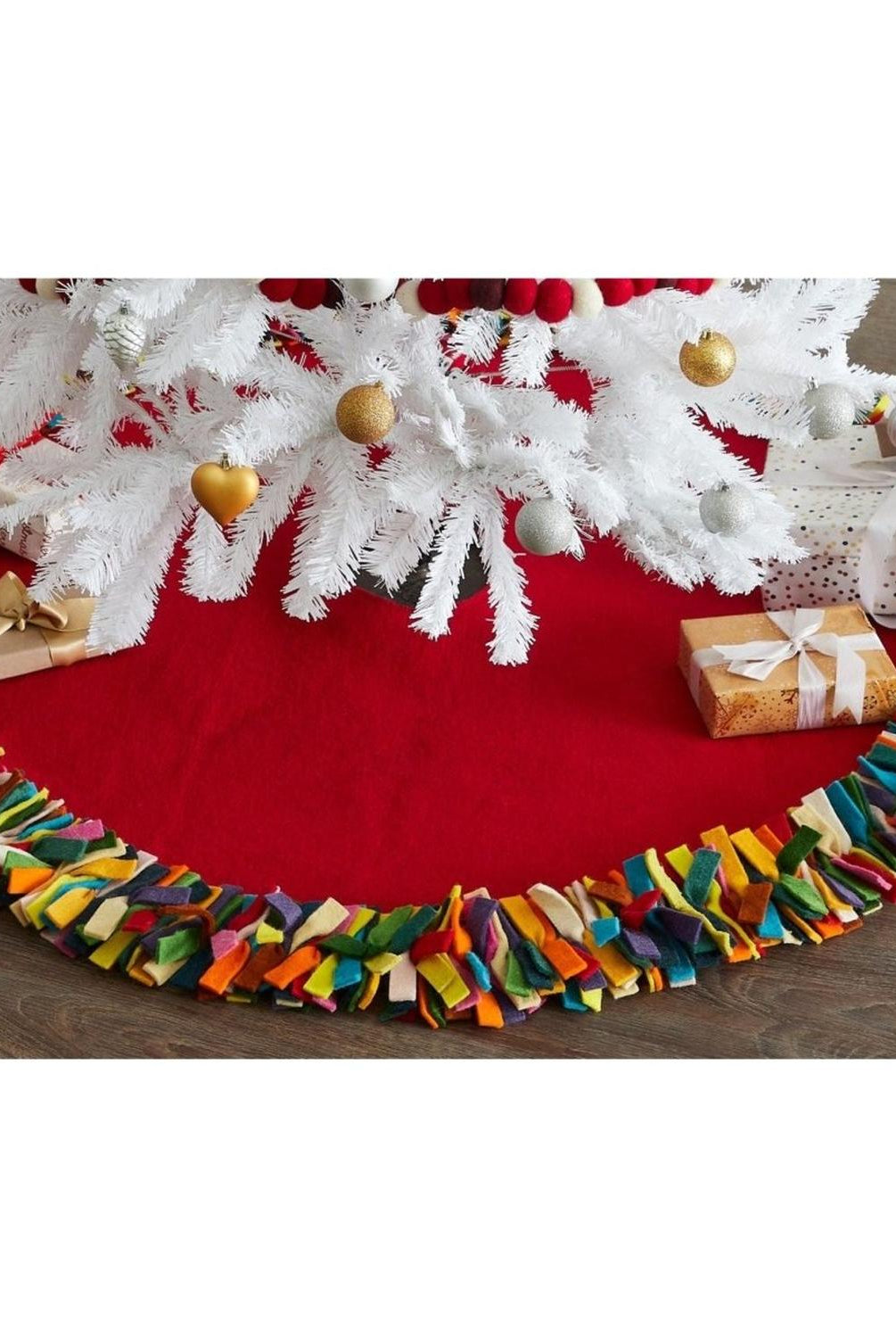 Handmade Felt Multicolor Fringe Border Red Wool Christmas Tree Skirt Arcadia Home