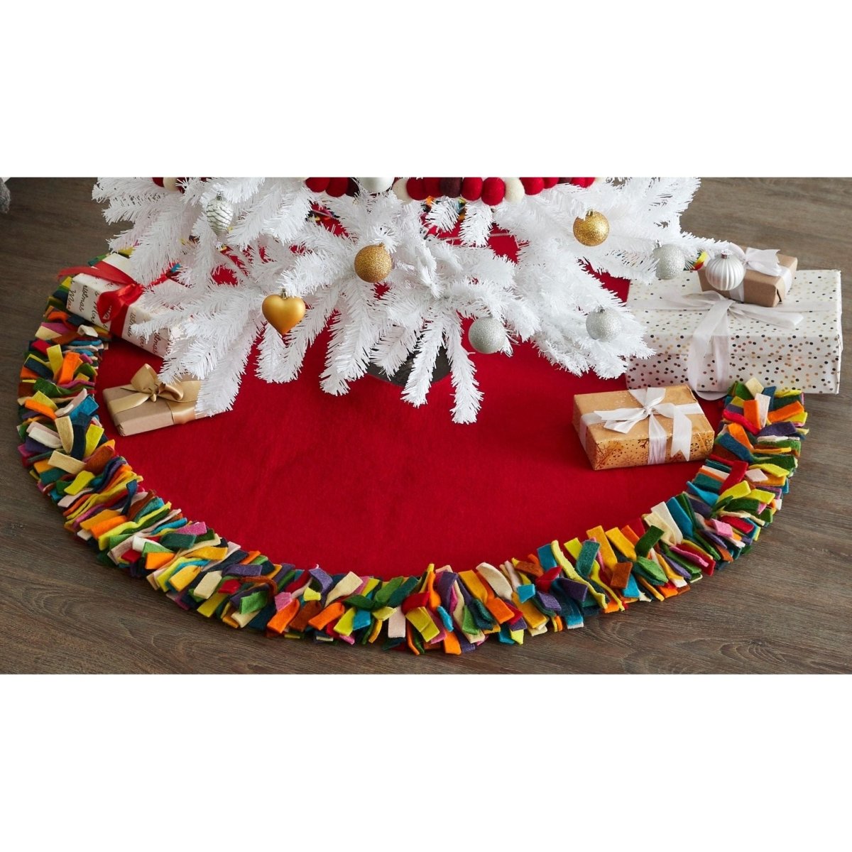Shop For Handmade Felt Multicolor Fringe Border Red Wool Christmas Tree Skirt Arcadia Home