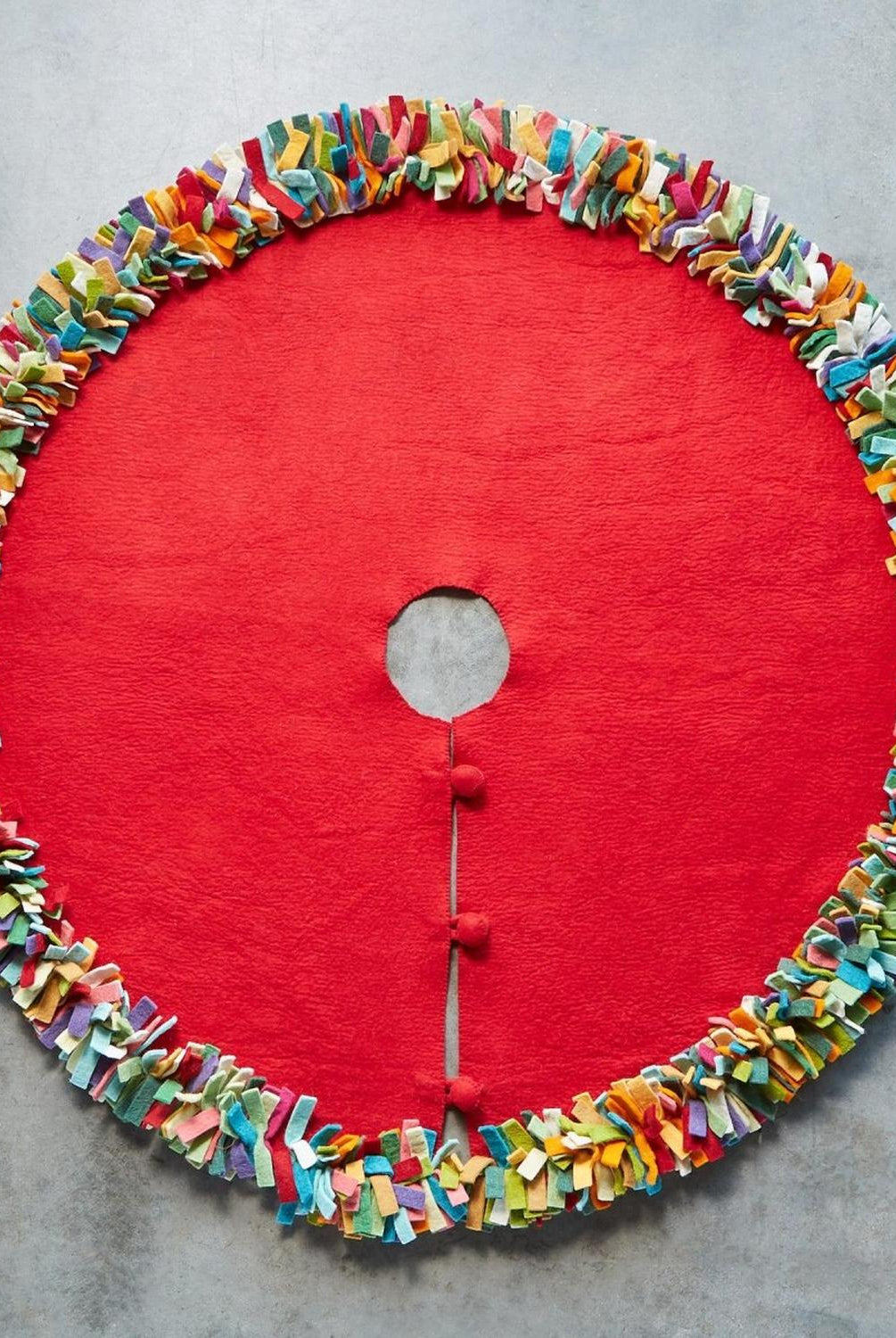 Handmade Felt Multicolor Fringe Border Red Wool Christmas Tree Skirt Arcadia Home
