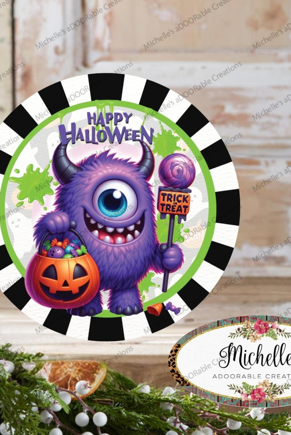 Happy Halloween Purple Monster Sign