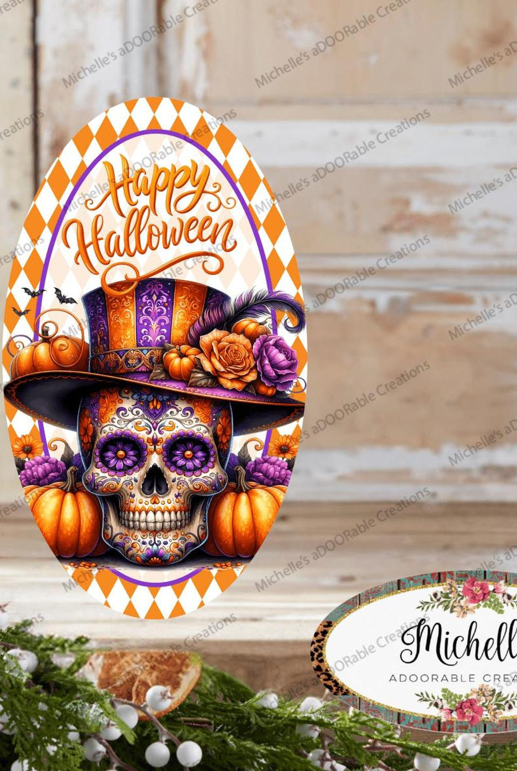 Happy Halloween Sugar Skull Oval Sign
