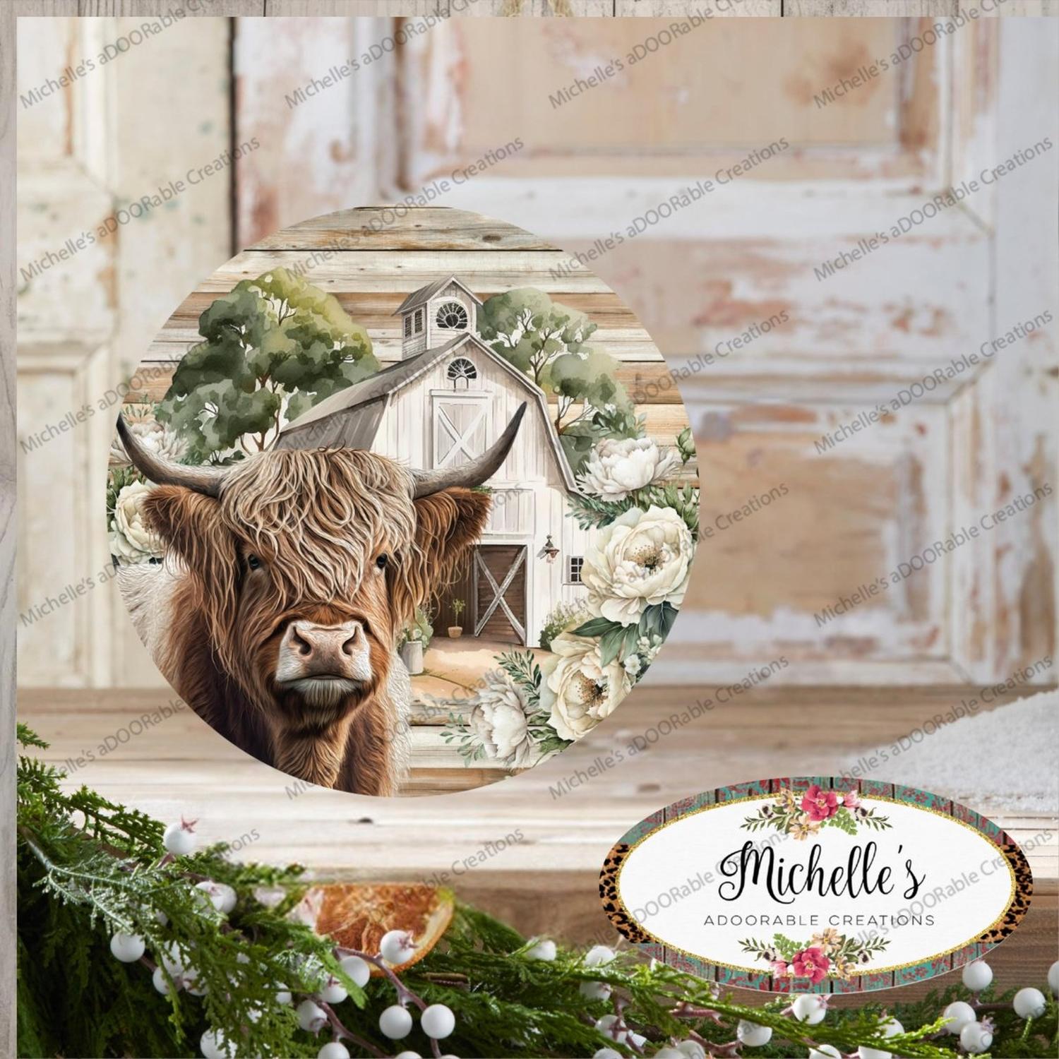 Highland Cow White Barn Florals Sign