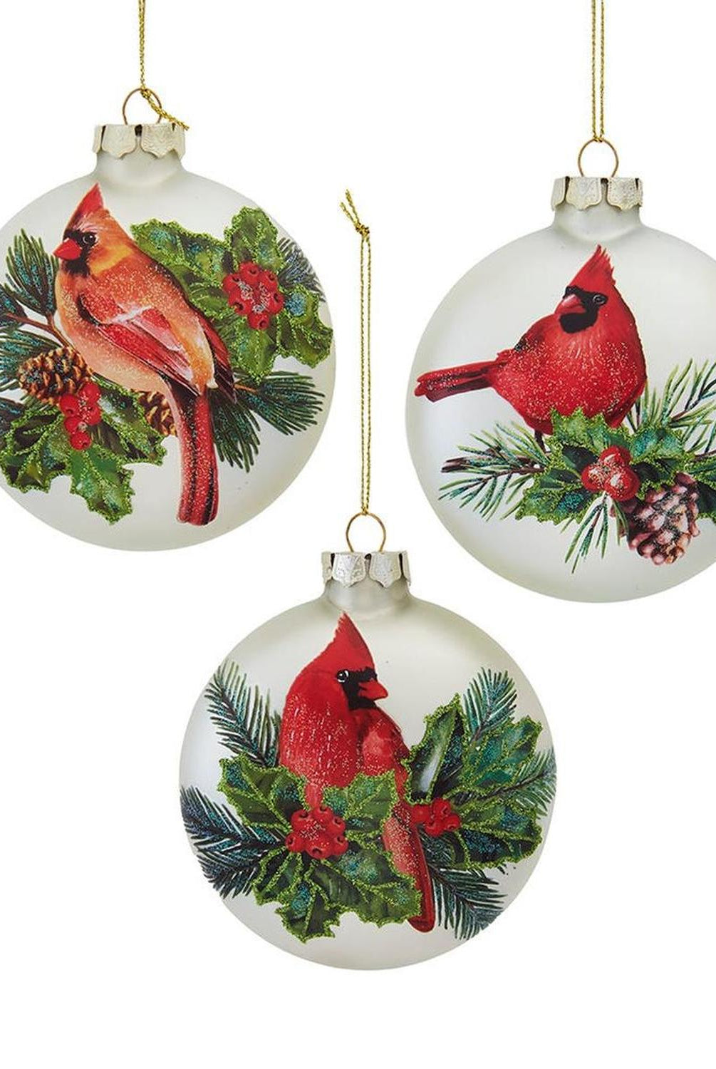 Kurt Adler 100MM Glass Cardinal Flat Ball Ornaments, (Set of 3)