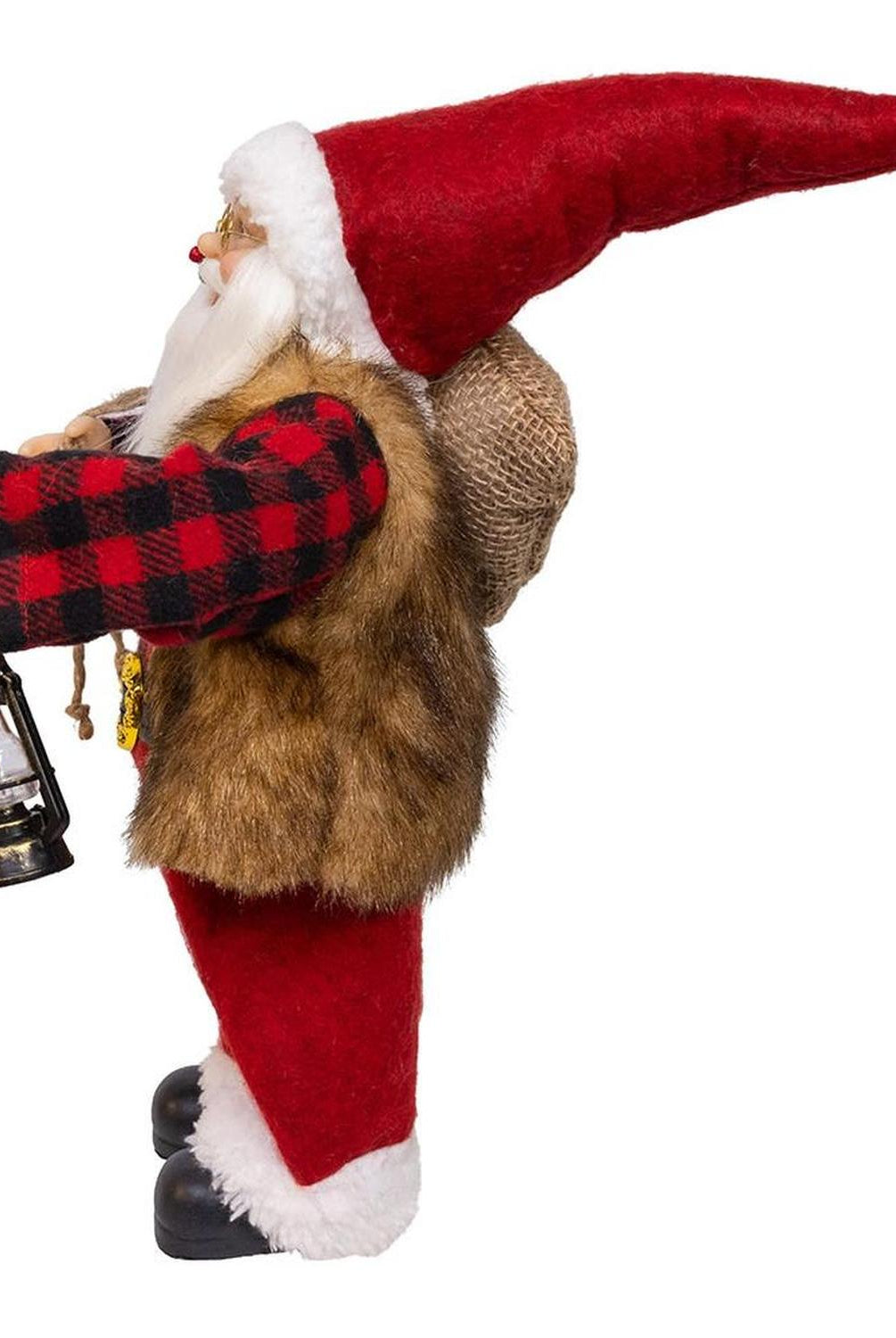 Kurt Adler 12-Inch Standing Christmas Santa with Plaid Shirt, Sack and Lantern
