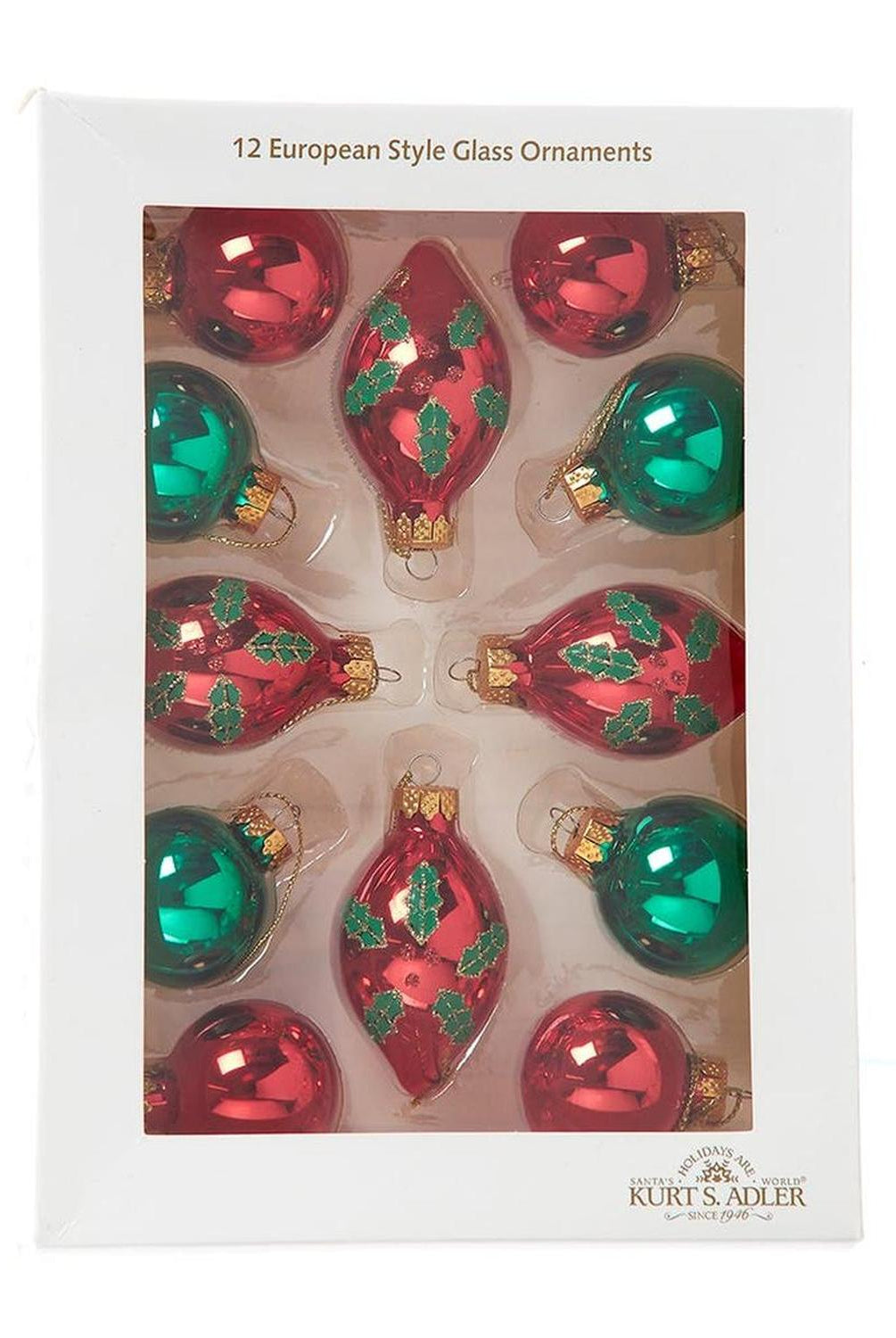 Kurt Adler 35MM Glass Green and Red With Holly Leaves Ball 12-Piece Set