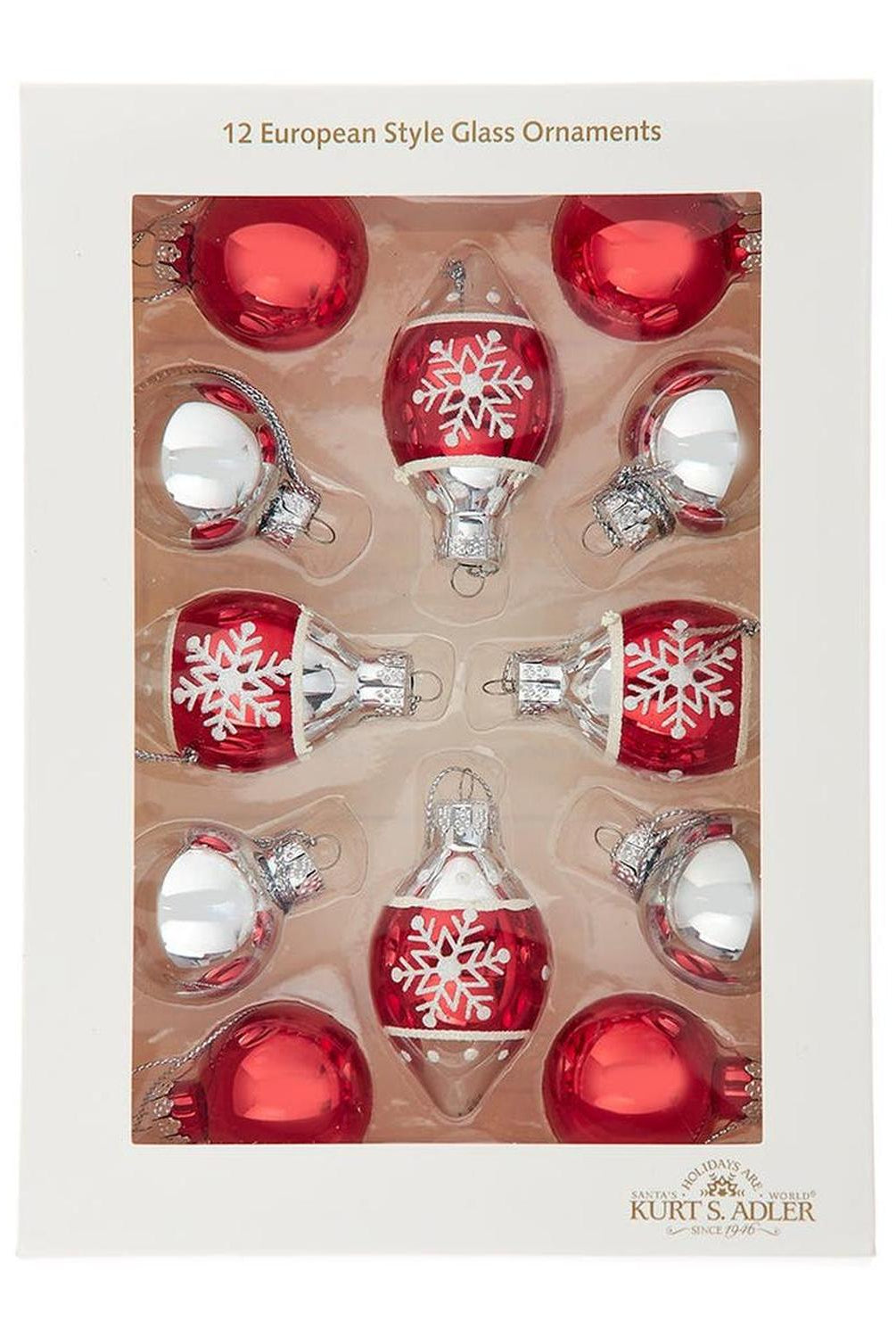 Kurt Adler 35MM Glass Red and Silver With Snowflake Ball 12-Piece Set