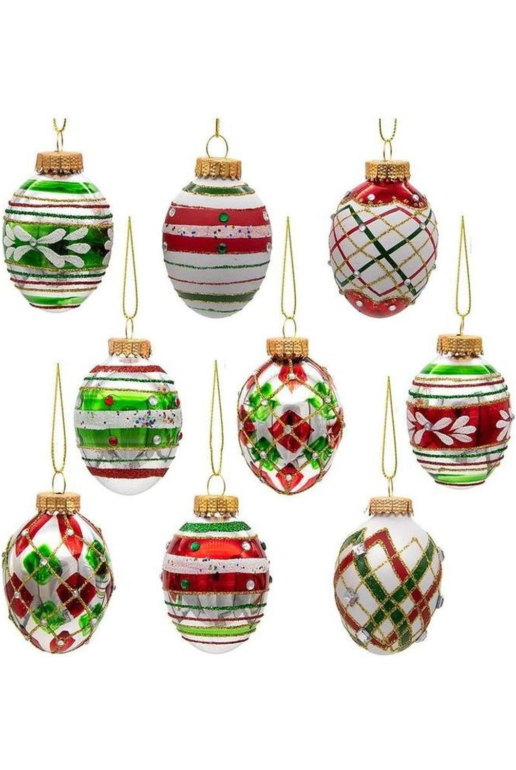Kurt Adler 45MM Glass Red and Green Decorated Eggs, 9 Piece Set
