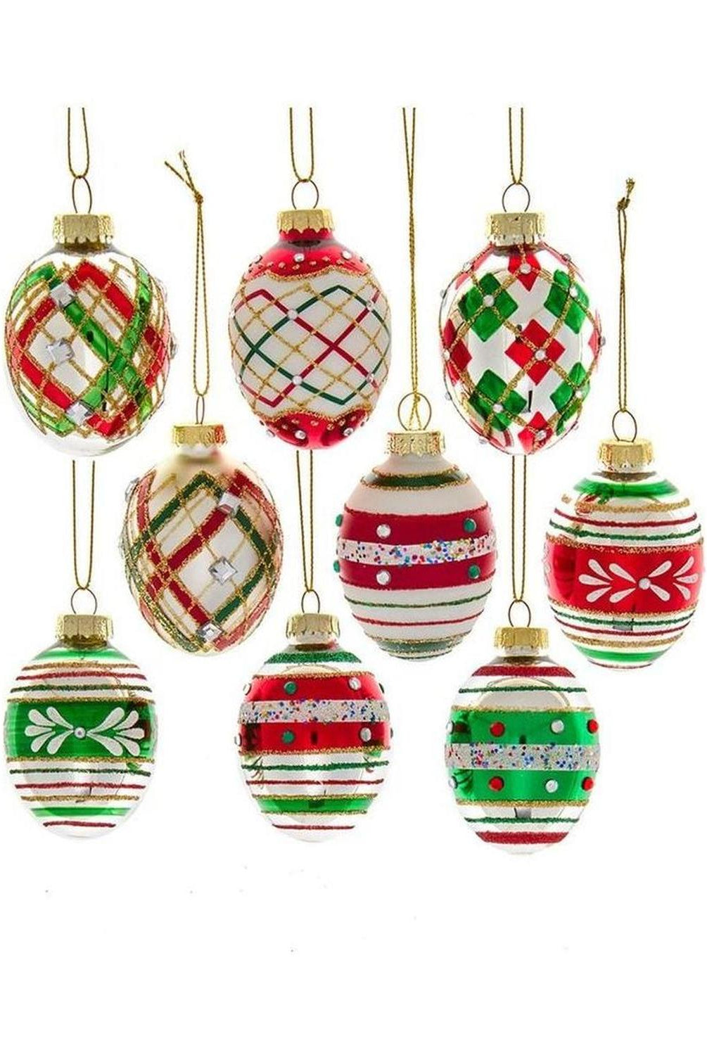 Kurt Adler 45MM Glass Red and Green Decorated Eggs, 9 Piece Set