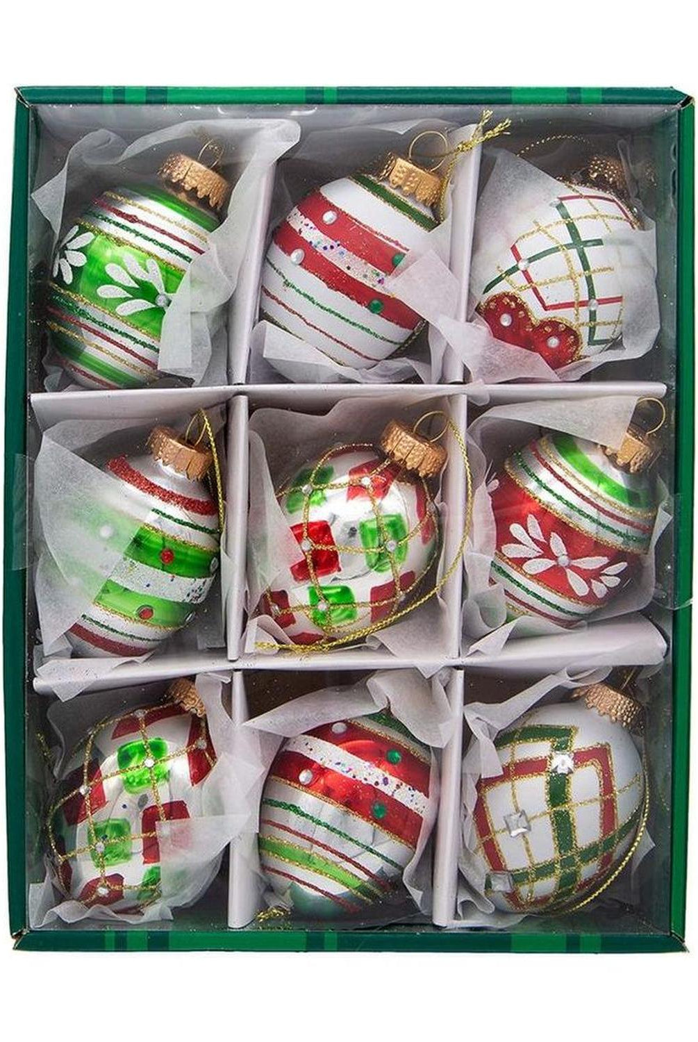 Kurt Adler 45MM Glass Red and Green Decorated Eggs, 9 Piece Set
