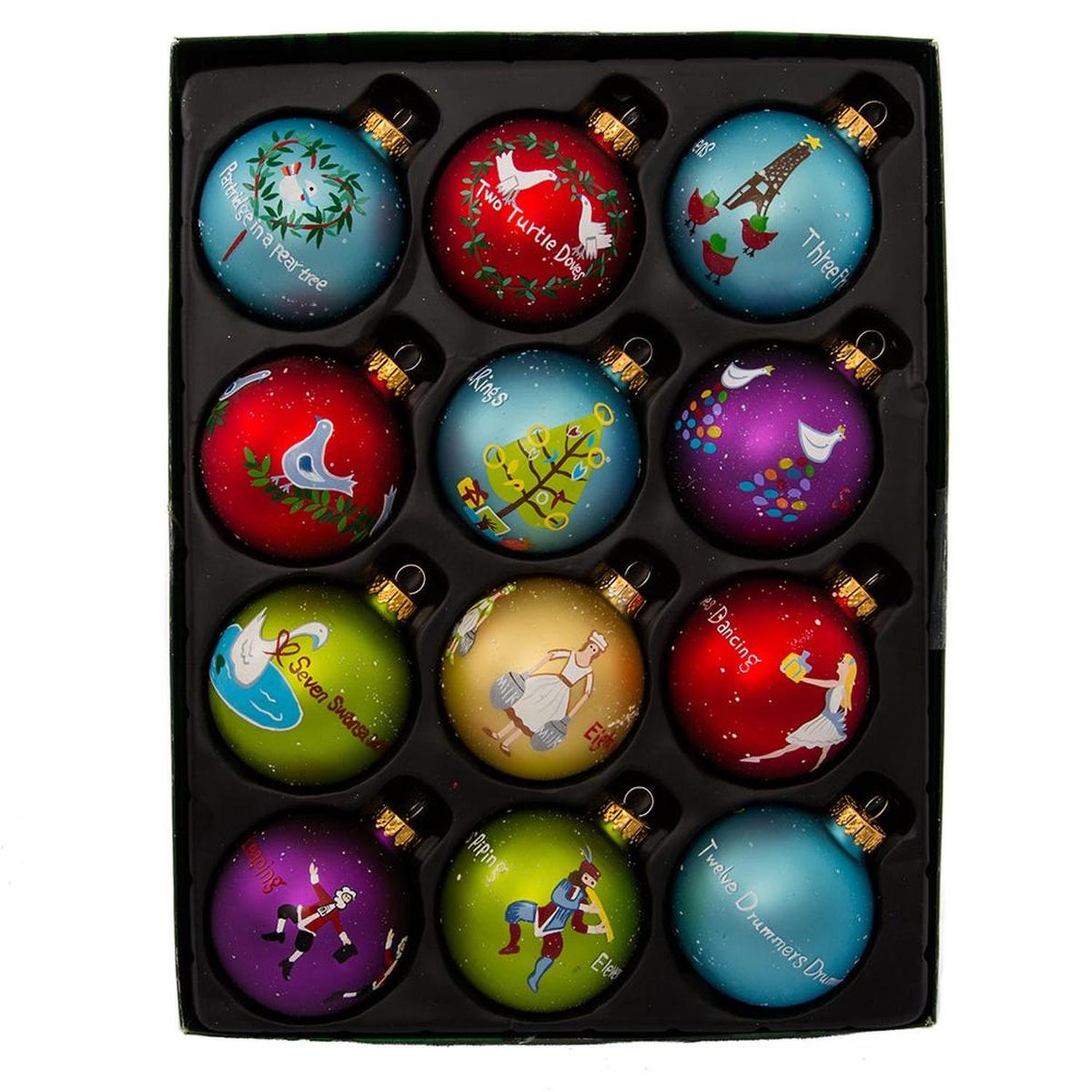 Kurt Adler 65MM Glass 12 Days Of Christmas Ball Ornaments, Set of 12
