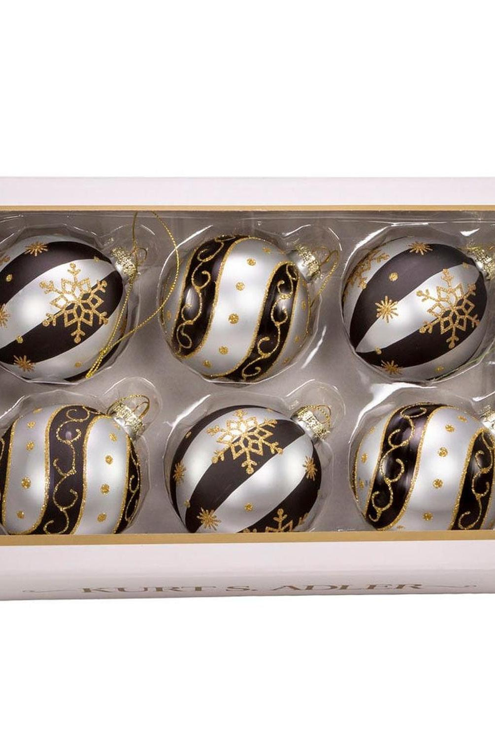 Kurt Adler 80 MM Silver/ Black/ Gold Glass Balls, 6-Piece Set