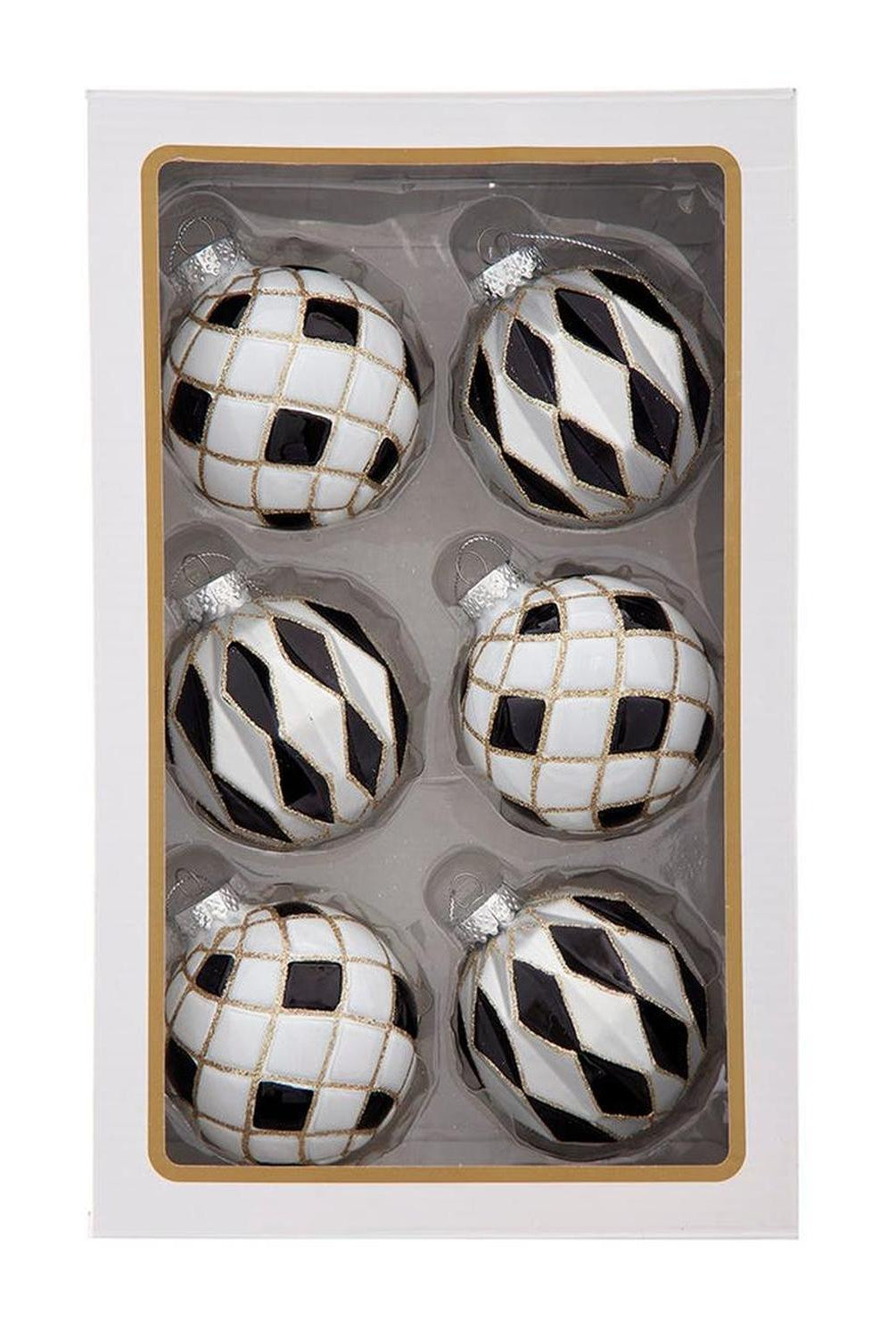Kurt Adler 80MM Glass Black, White and Gold Checkered Ball Ornaments, 6-Piece Box
