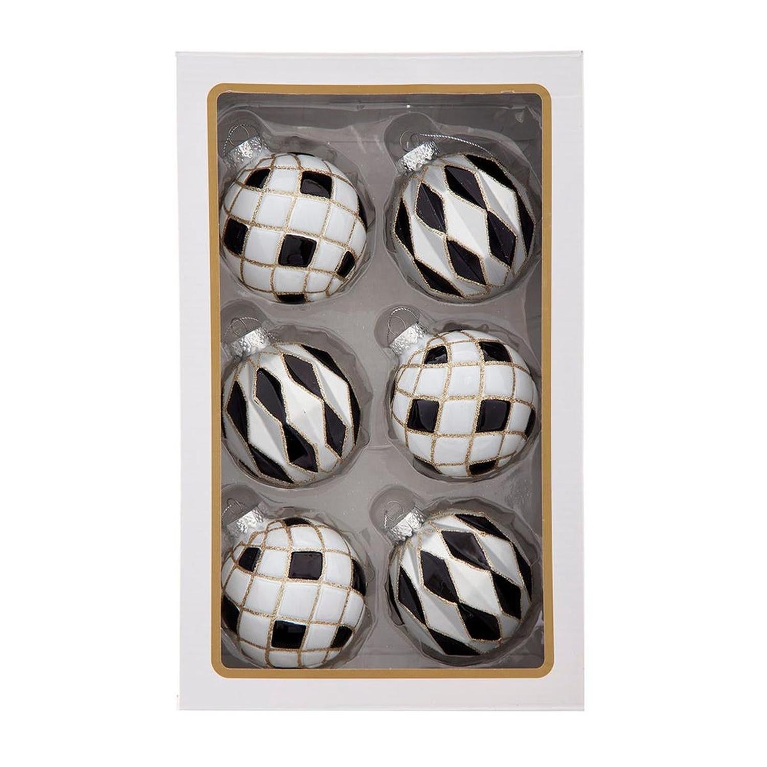 Kurt Adler 80MM Glass Black, White and Gold Checkered Ball Ornaments, 6-Piece Box