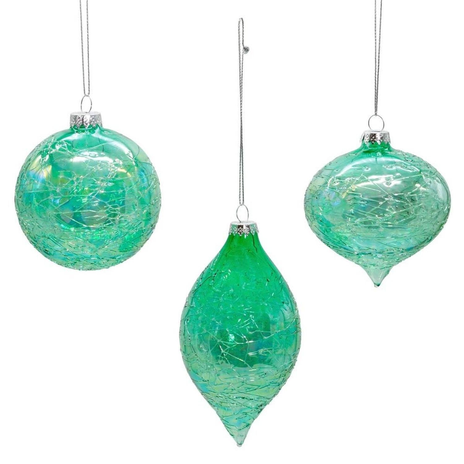 Kurt Adler 80MM Glass Iridescent Green Onion, Ball and Finial, (Set of 3)