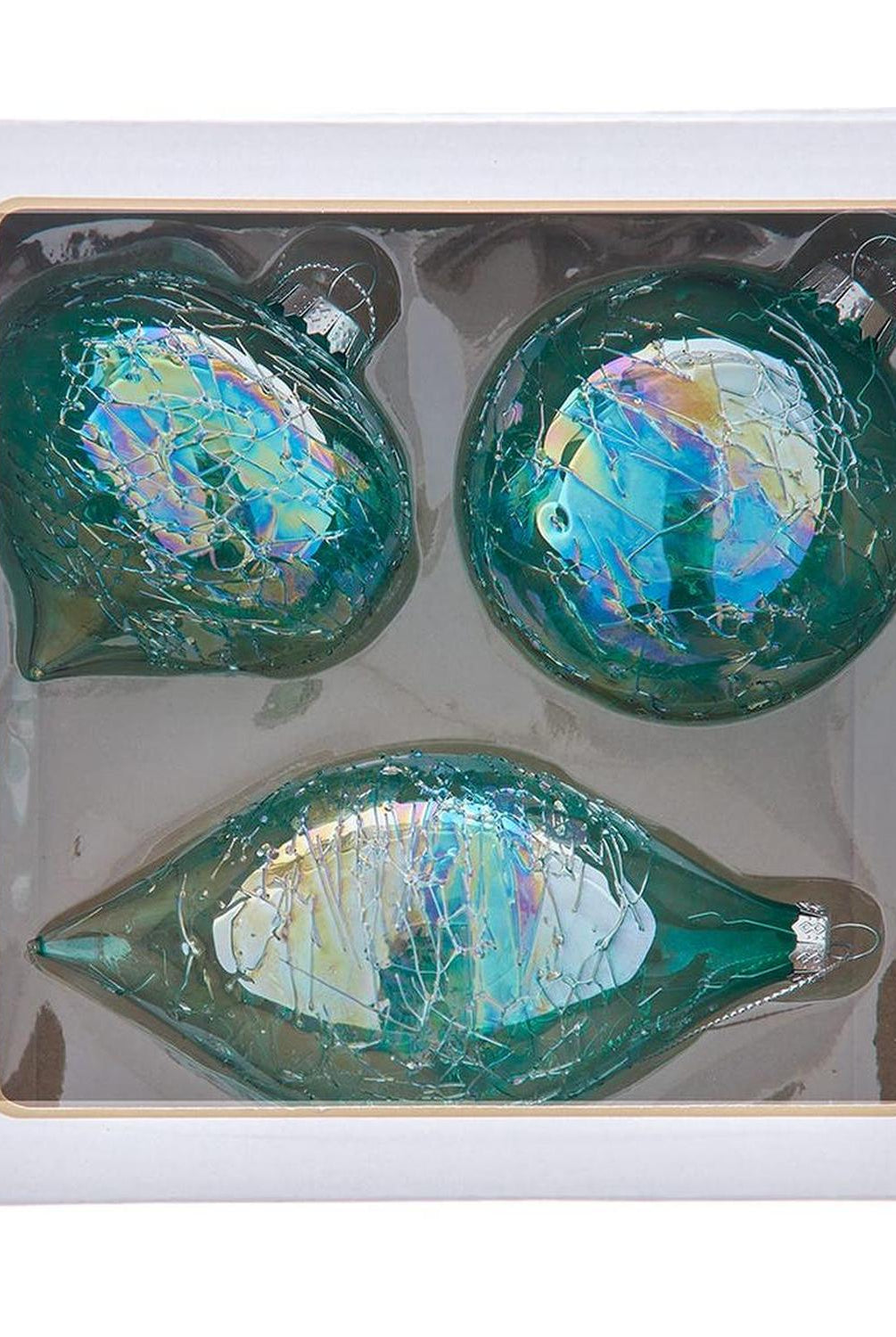 Kurt Adler 80MM Glass Iridescent Green Onion, Ball and Finial, (Set of 3)