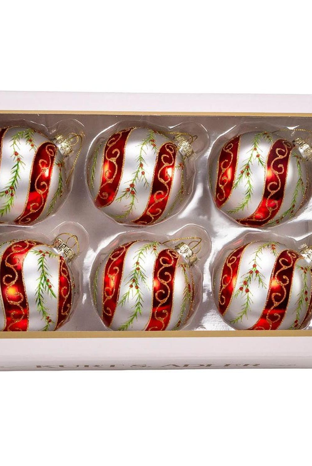 Kurt Adler 80MM Glass Red and White Holly Ornaments, 6 pieces