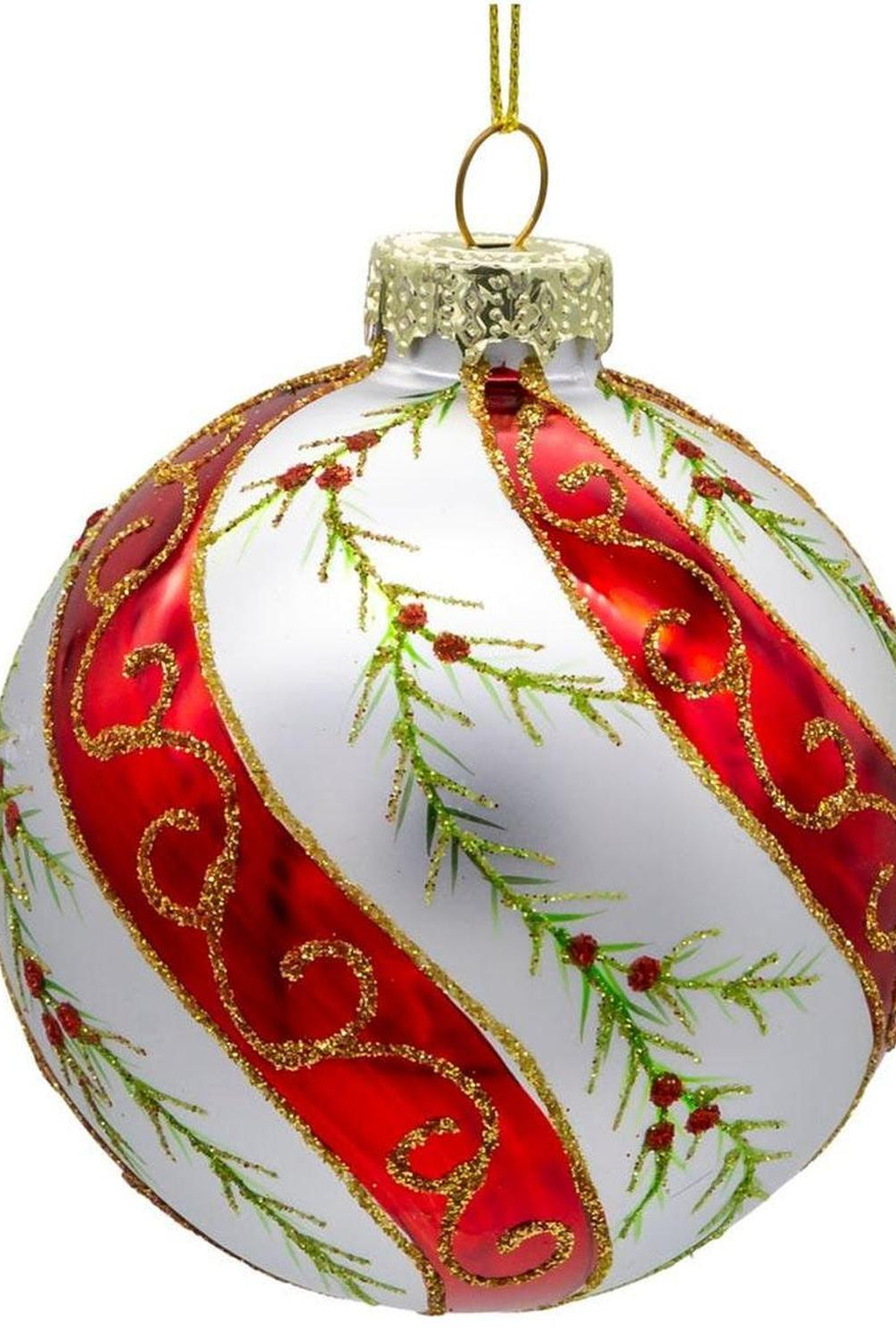 Kurt Adler 80MM Glass Red and White Holly Ornaments, 6 pieces