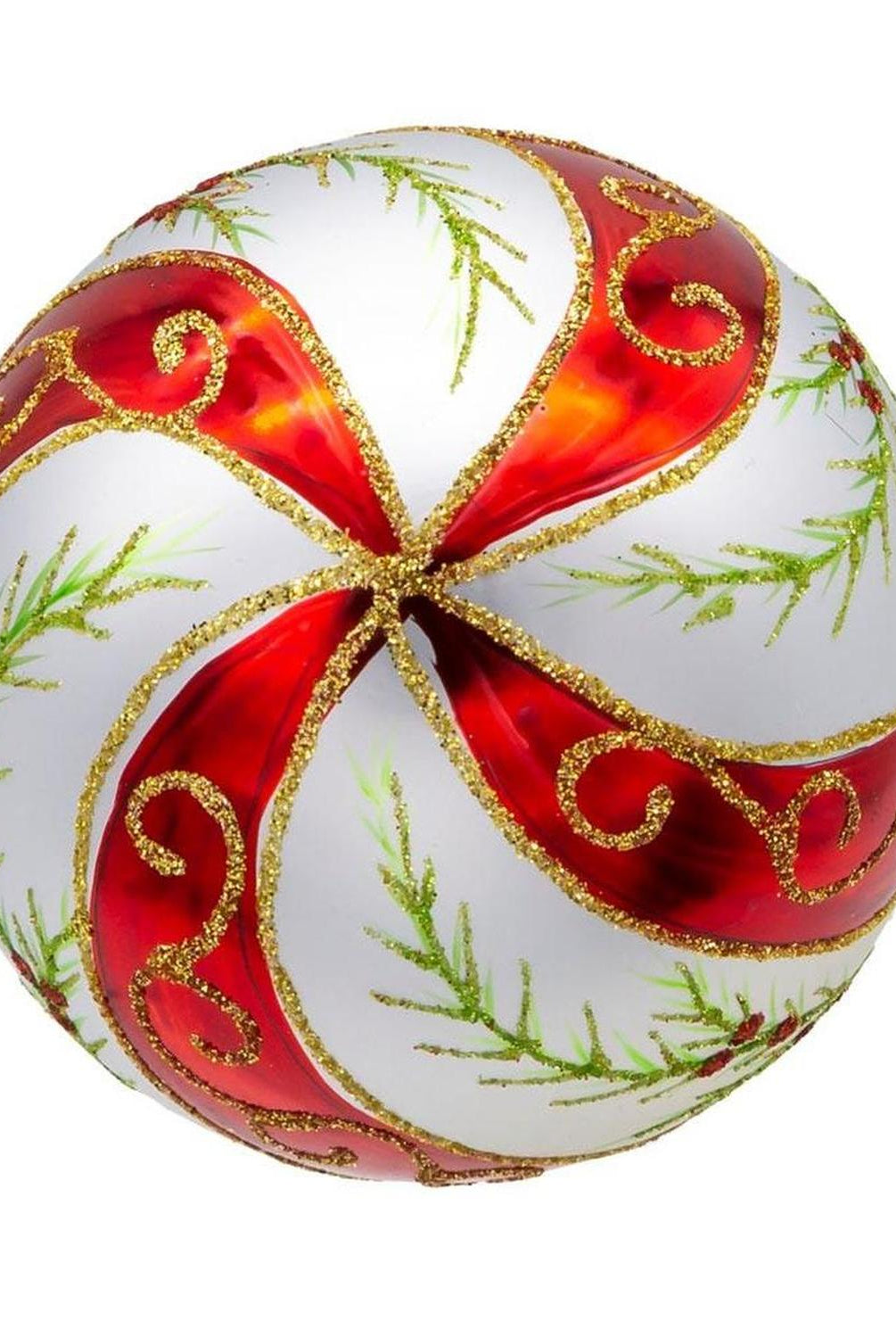 Kurt Adler 80MM Glass Red and White Holly Ornaments, 6 pieces
