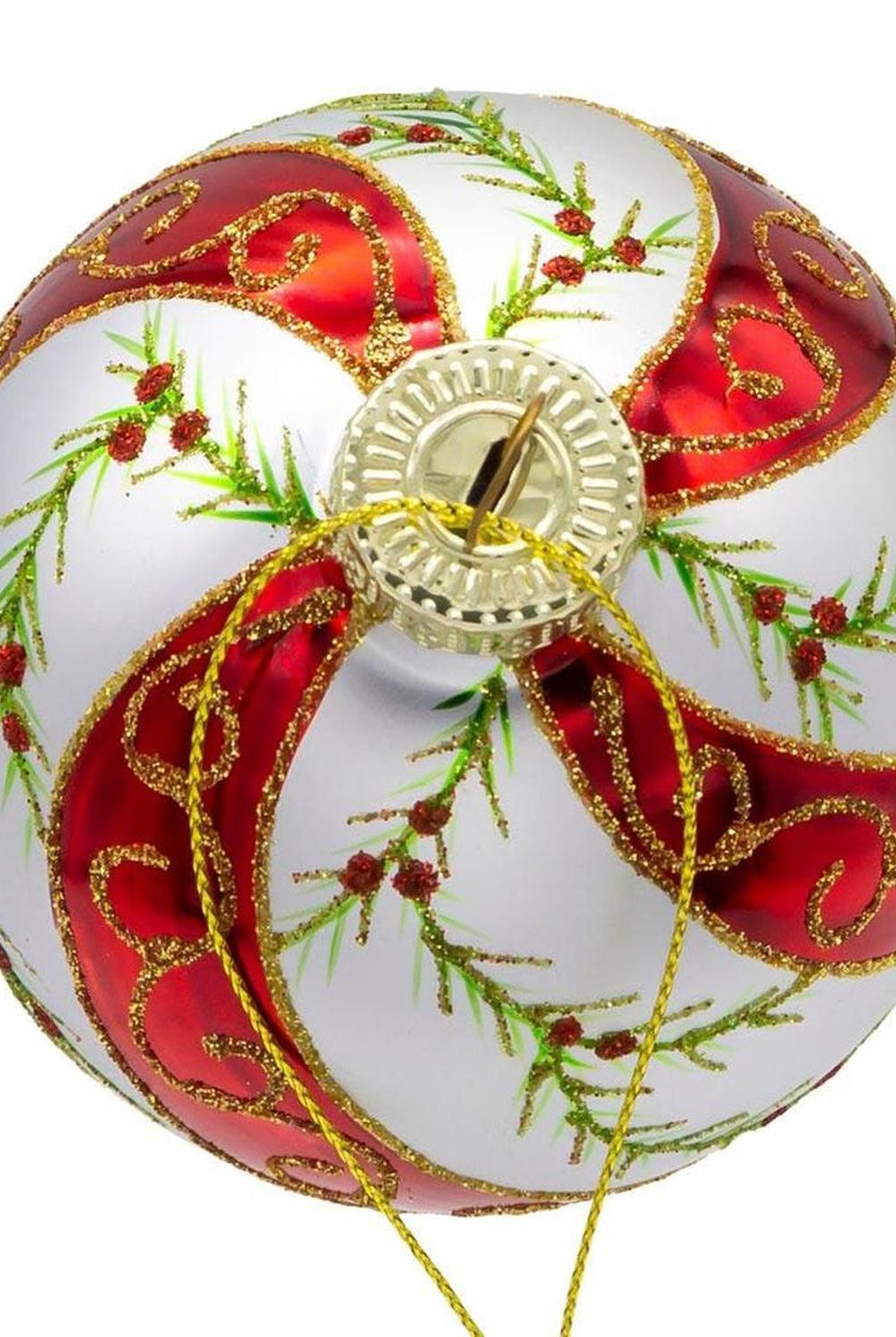 Kurt Adler 80MM Glass Red and White Holly Ornaments, 6 pieces