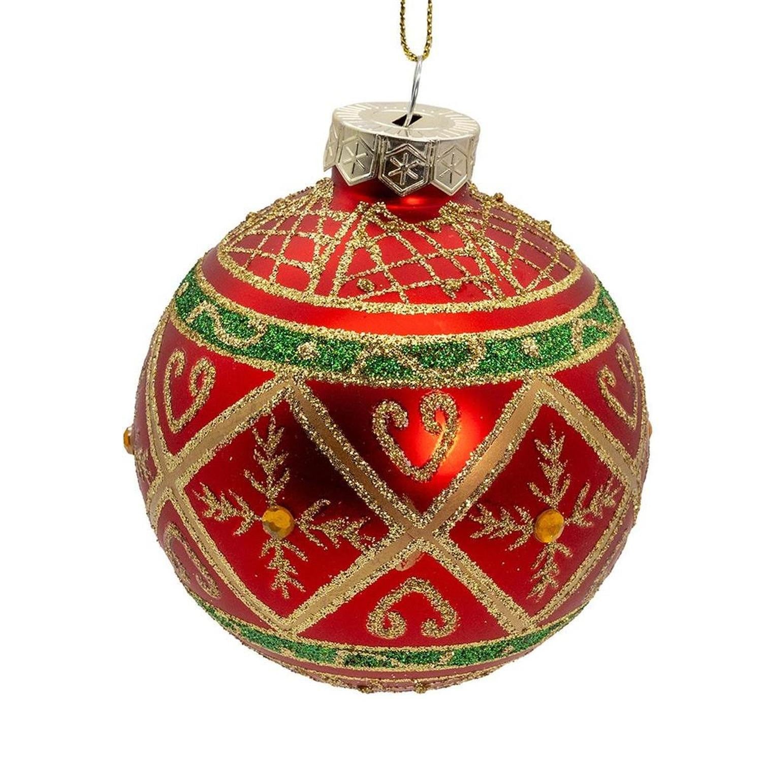Kurt Adler 80MM Glass Red With Green and Gold Design Ball Ornament Set of 6