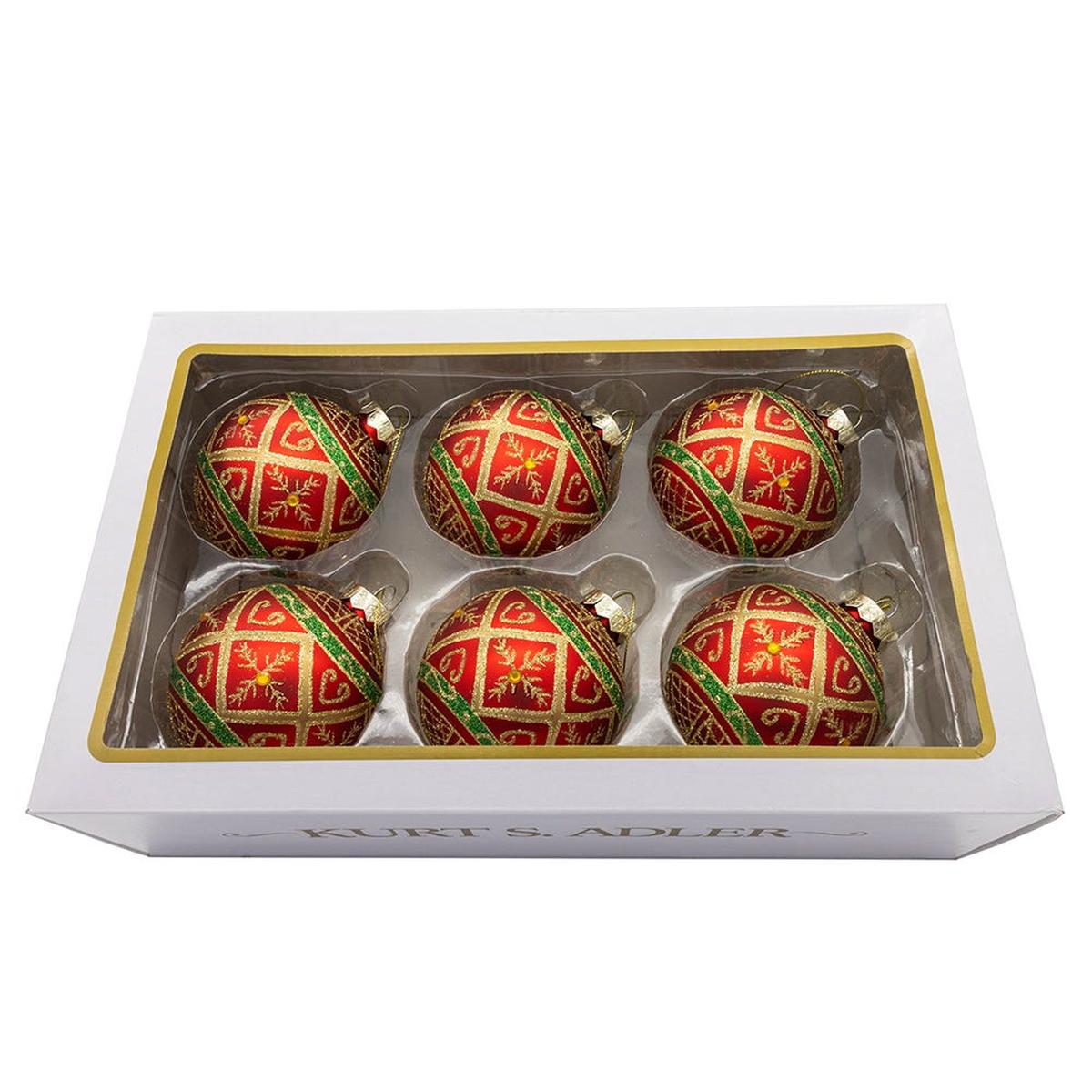 Shop For Kurt Adler 80MM Glass Red With Green and Gold Design Ball Ornament Set of 6