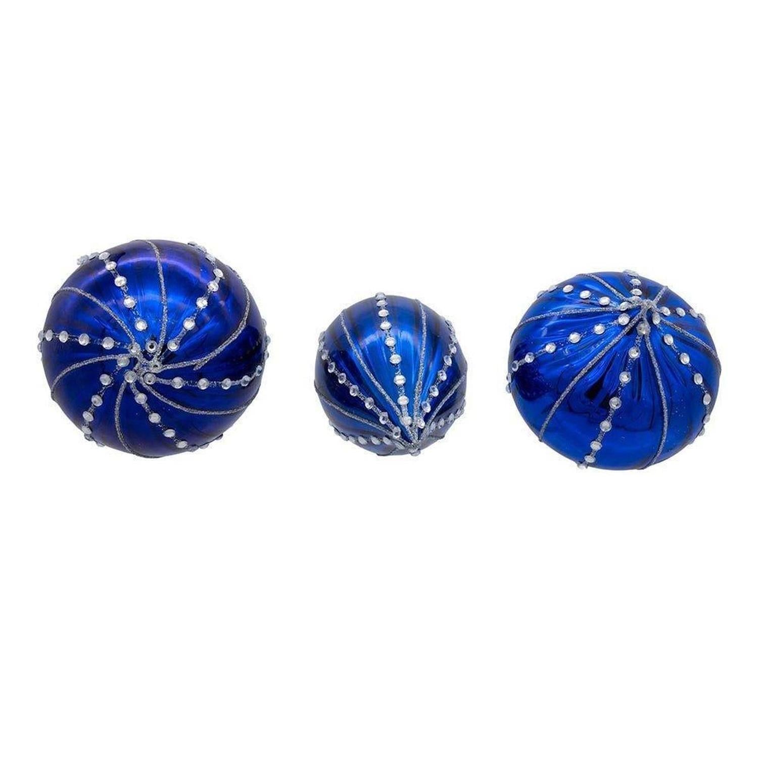 Kurt Adler 80MM Glass Shiny Blue Gemmed Ornaments, (Set of 3)