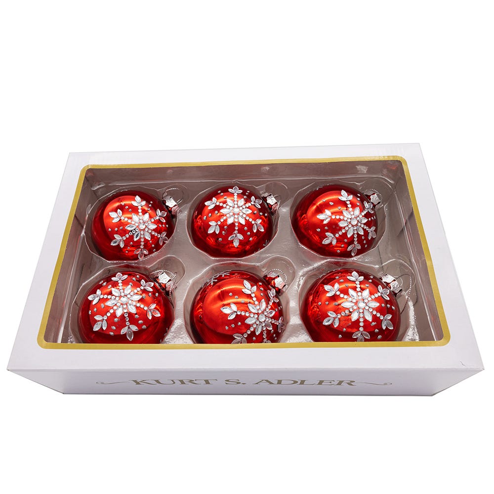 Shop For Kurt Adler 80MM Glass Shiny Red With Silver Snowflake Ball (Set of 6)