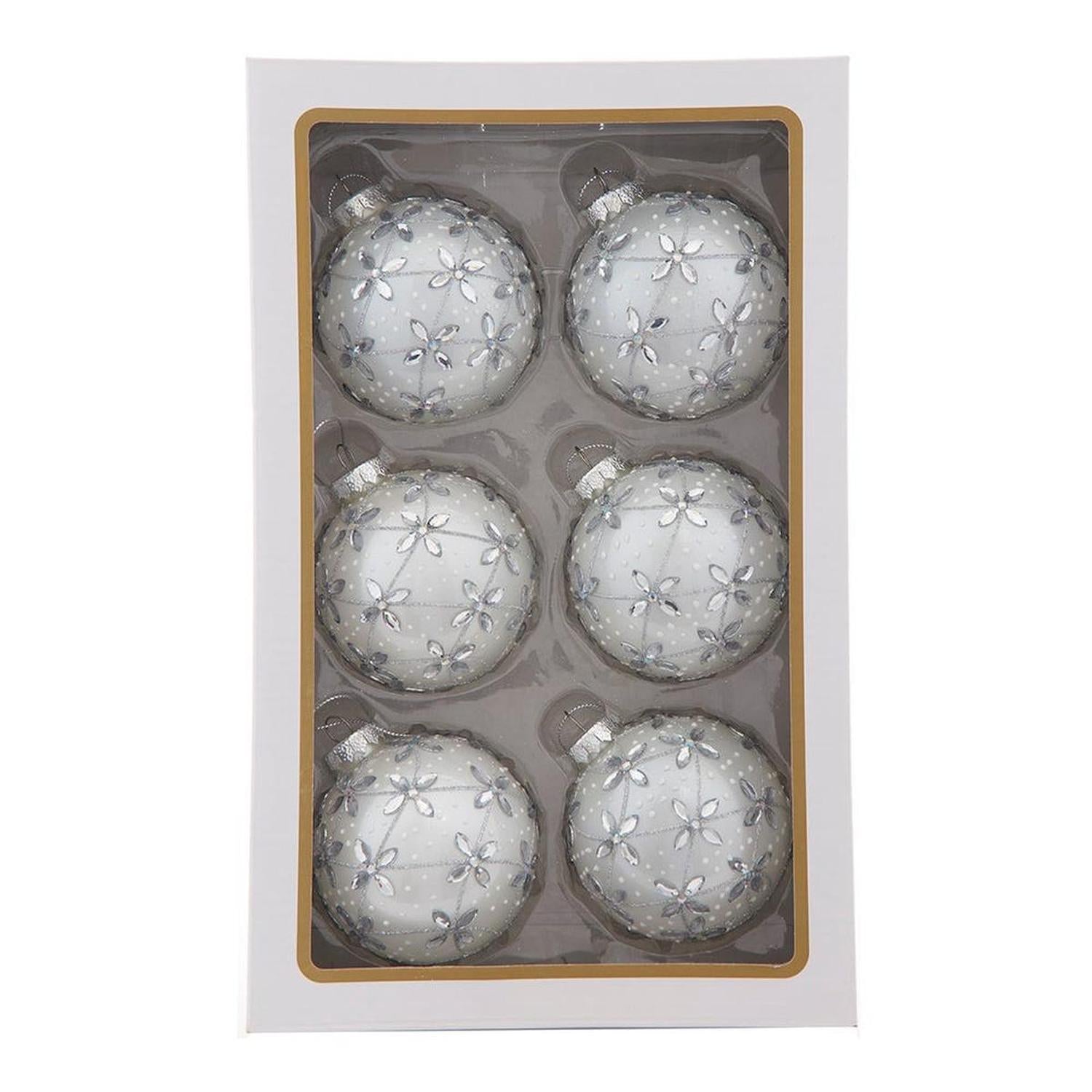 Kurt Adler 80MM Glass Silver Jeweled Ball Ornaments, 6-Piece Box