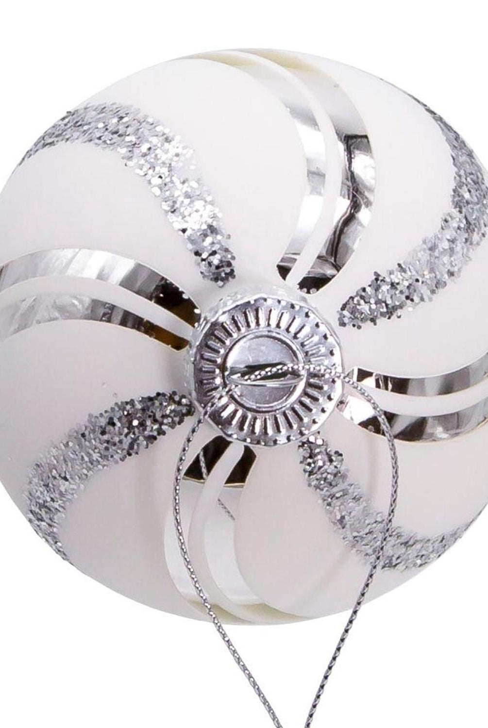 Kurt Adler 80MM Glass White Glittered Swirl Ornament Set, 6 piece