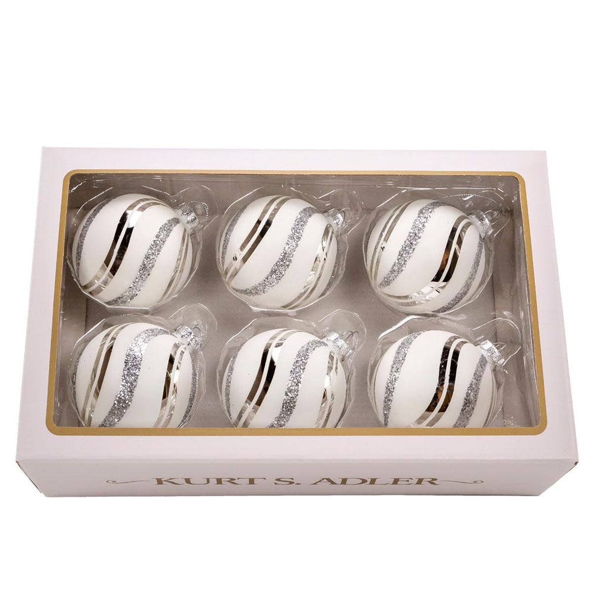 Shop For Kurt Adler 80MM Glass White Glittered Swirl Ornament Set, 6 piece