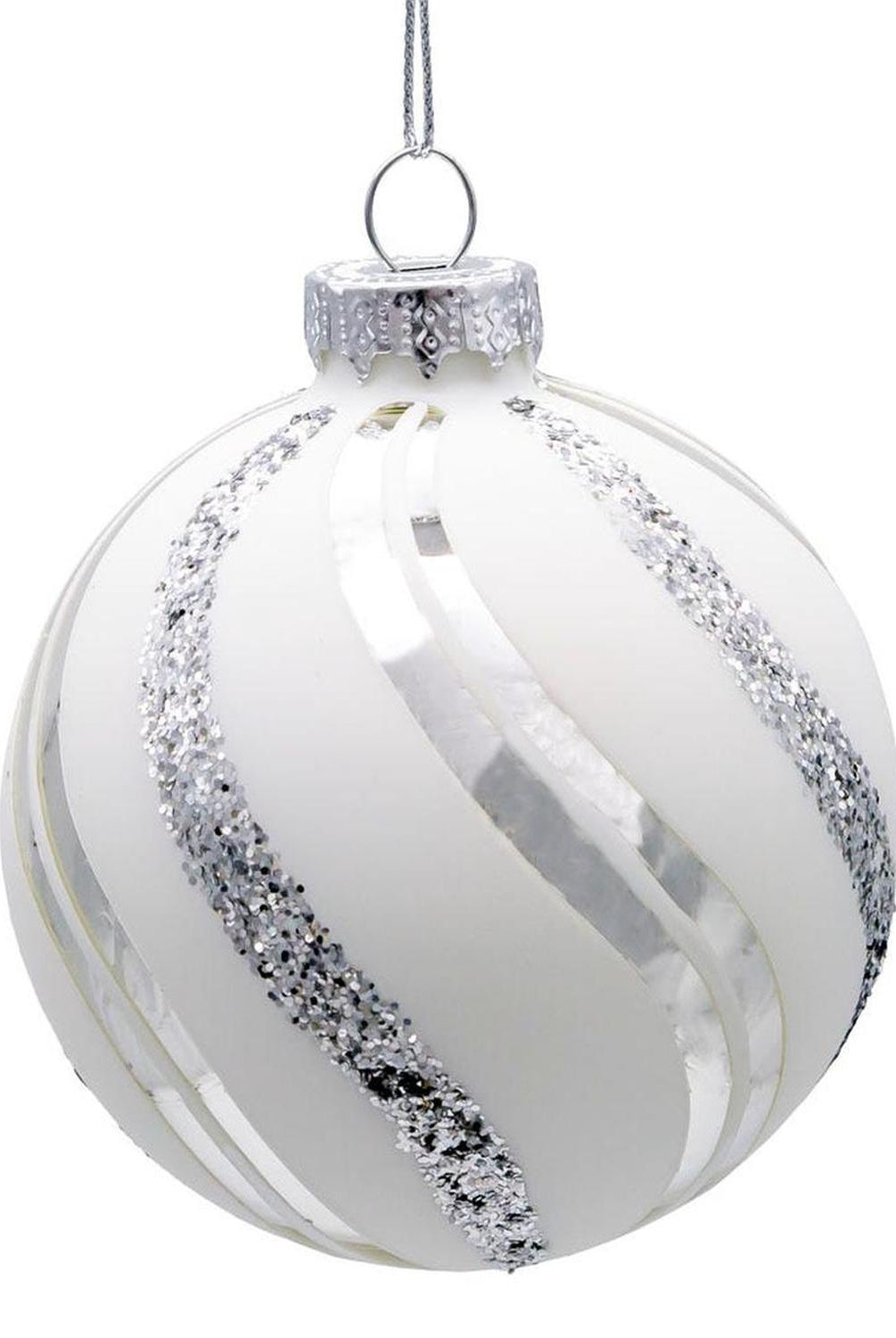 Kurt Adler 80MM Glass White Glittered Swirl Ornament Set, 6 piece