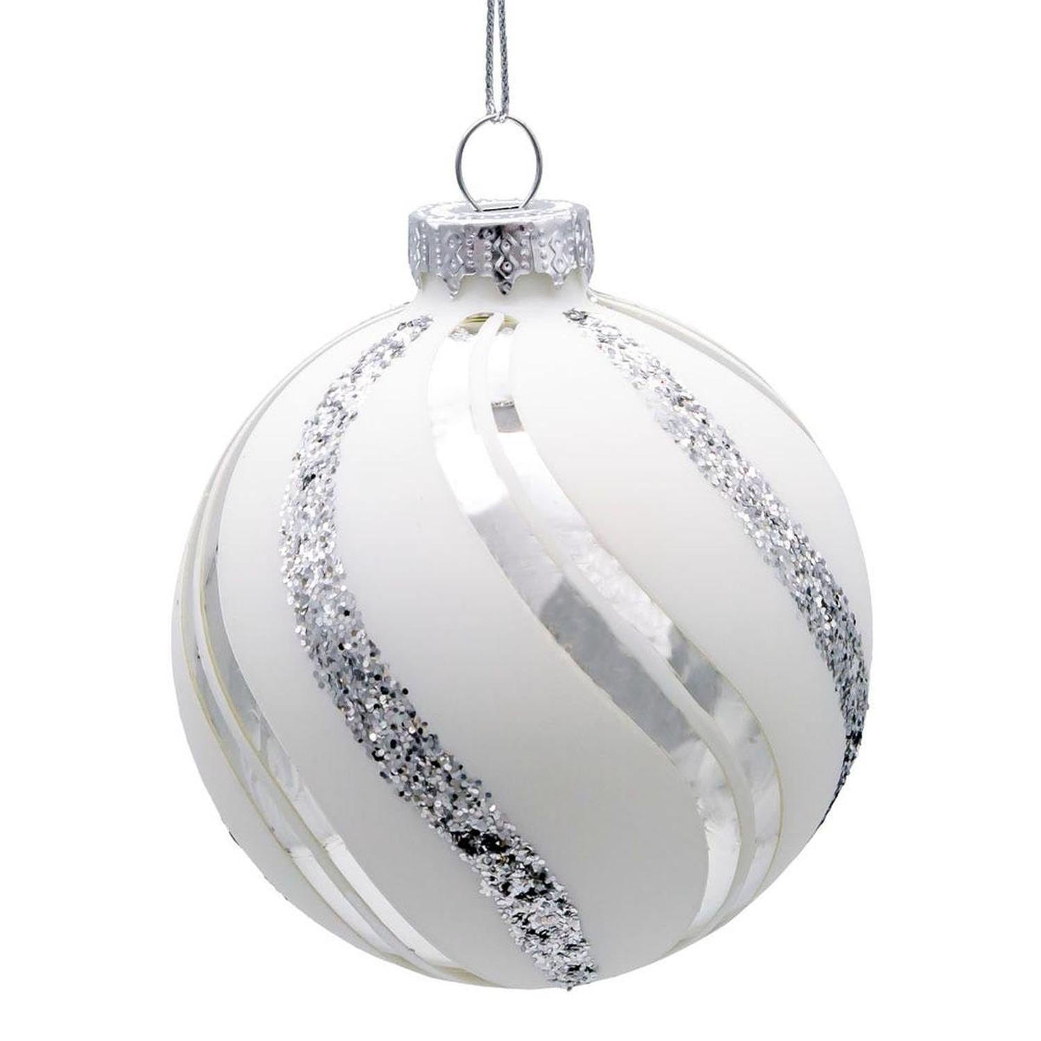 Kurt Adler 80MM Glass White Glittered Swirl Ornament Set, 6 piece