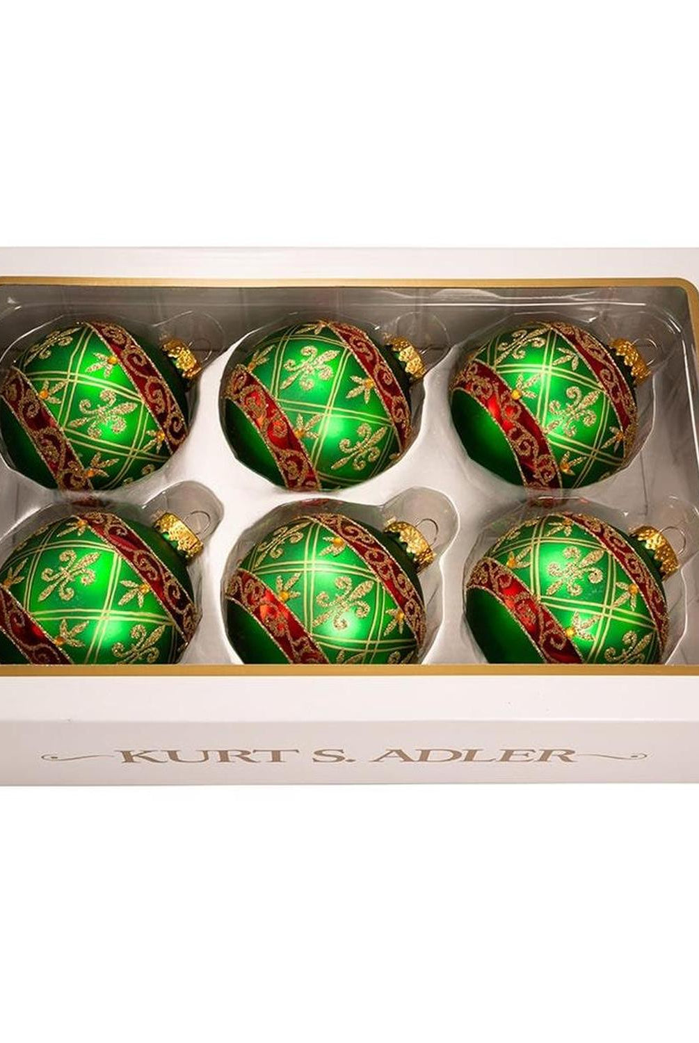 Kurt Adler 80MM Green Glass Ball Ornament Gold Fleur-De-Lis, Set of 6