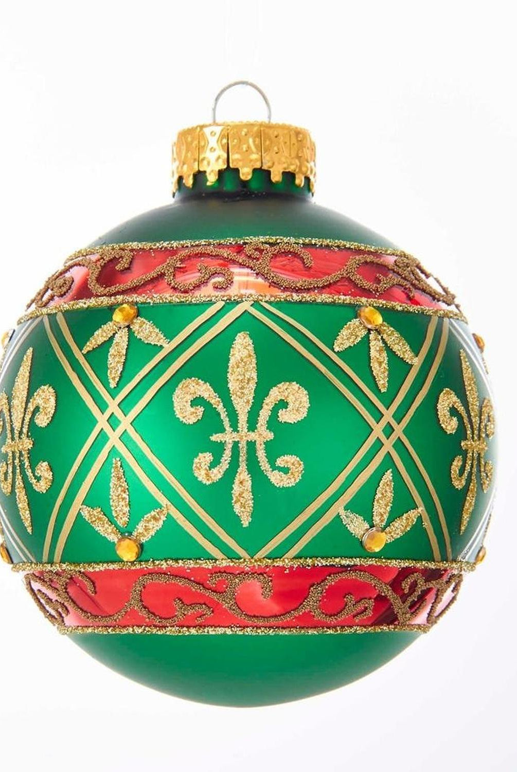 Kurt Adler 80MM Green Glass Ball Ornament Gold Fleur-De-Lis, Set of 6
