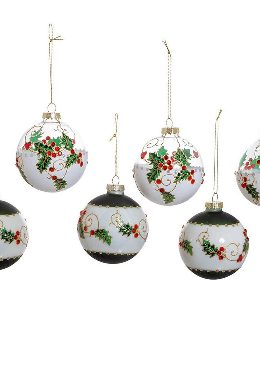 Kurt Adler 80MM Holly Leaves and Berries Glass Ball Ornaments, 6-Piece Set