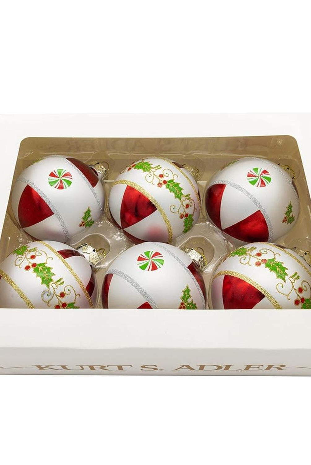 Kurt Adler 80mm Holly Leaves Glass Ball Ornament (Set of 6)