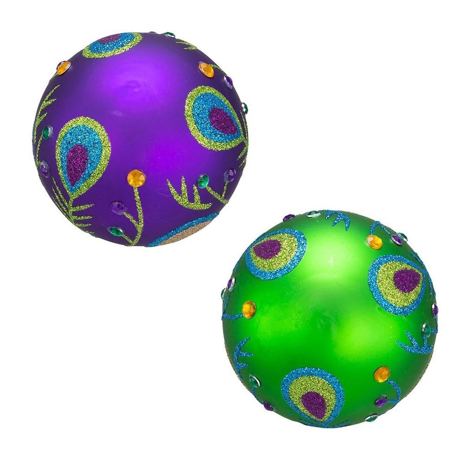 Kurt Adler 80MM Peacock Purple and Green Glass Ball Ornaments, Set of 6