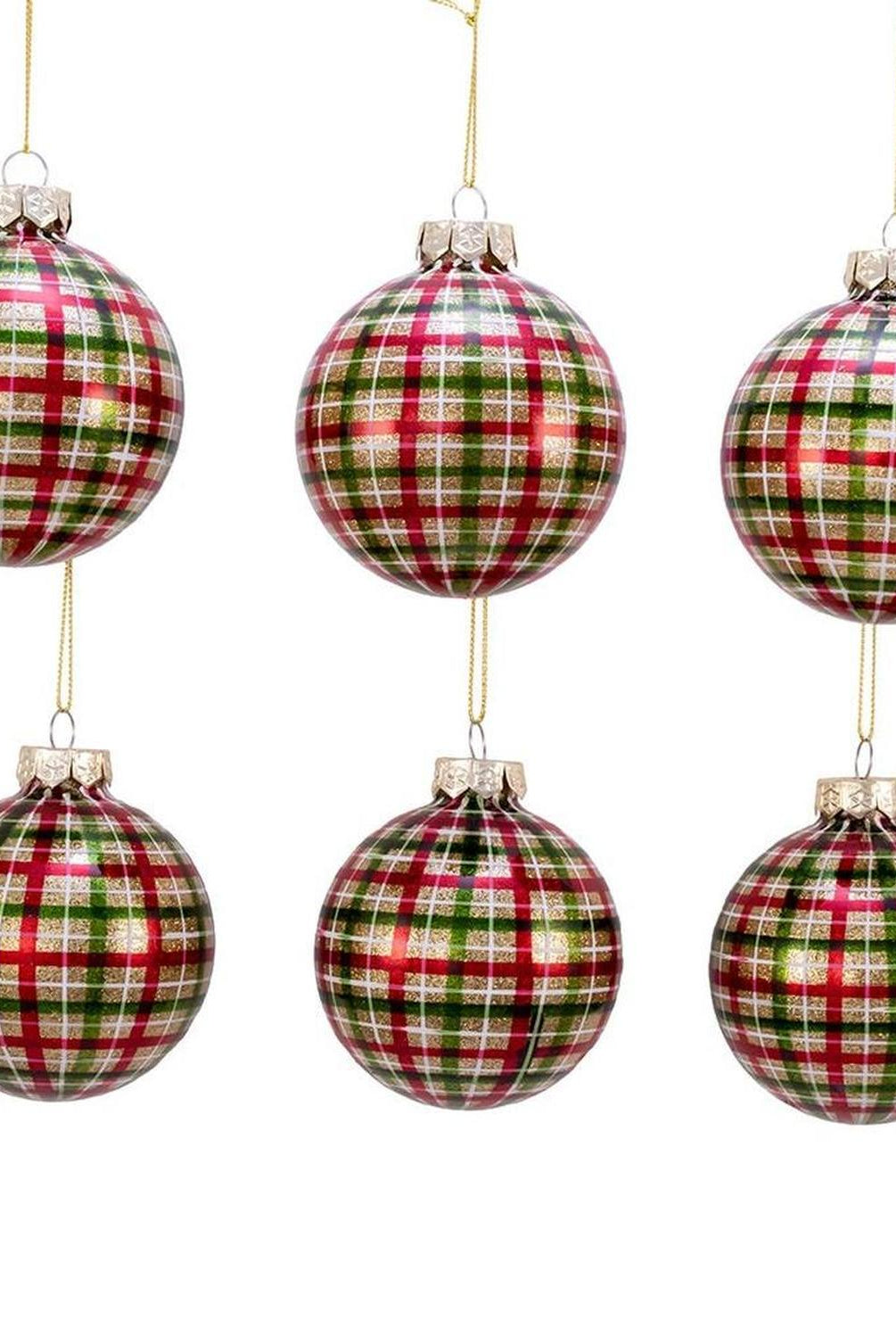Kurt Adler 80MM Red and Green Plaid Glass Ball Ornaments, 6 Piece Box