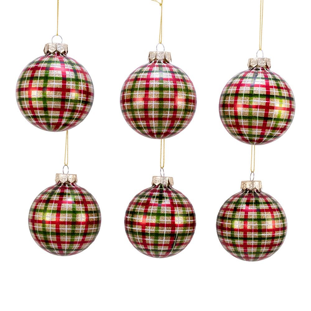 Shop For Kurt Adler 80MM Red and Green Plaid Glass Ball Ornaments, 6 Piece Box