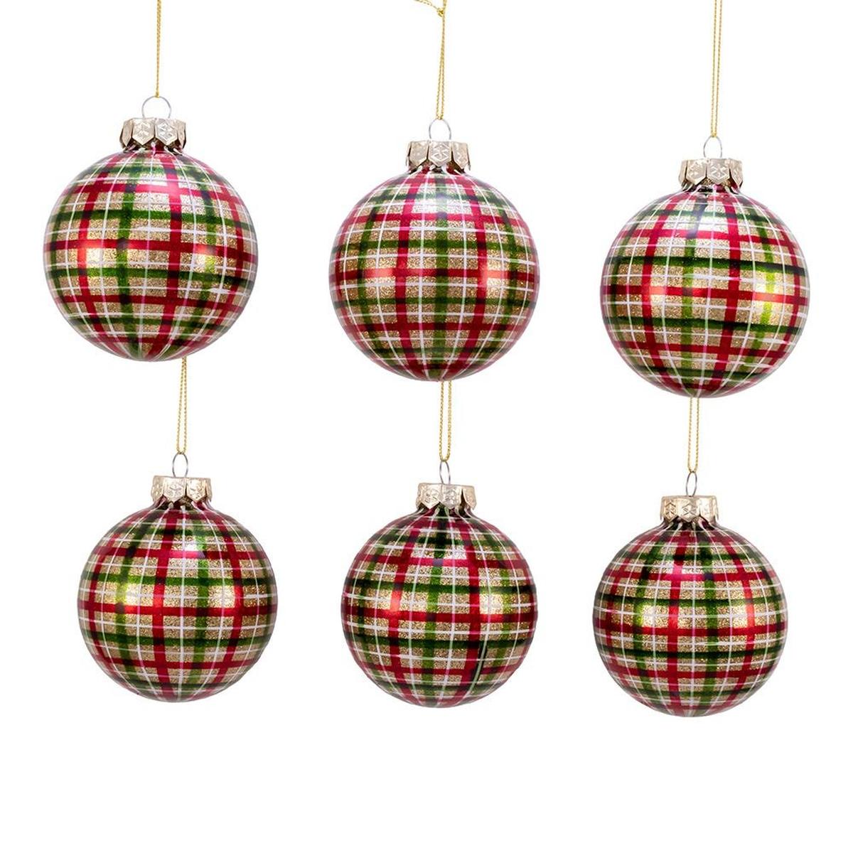 Shop For Kurt Adler 80MM Red and Green Plaid Glass Ball Ornaments, 6 Piece Box