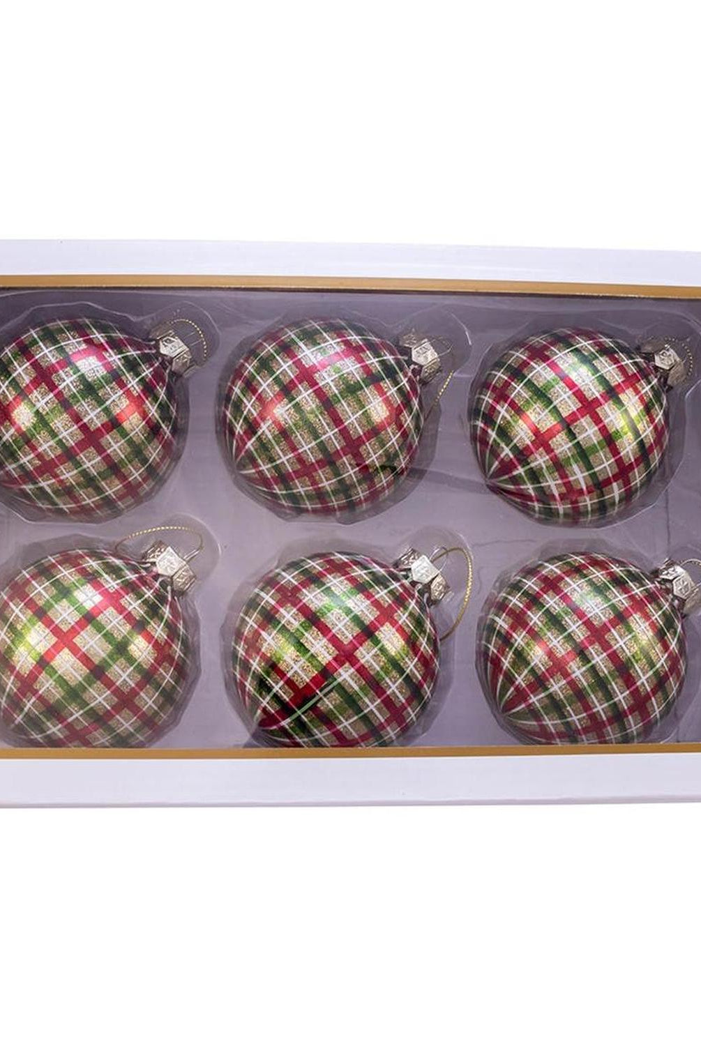 Kurt Adler 80MM Red and Green Plaid Glass Ball Ornaments, 6 Piece Box