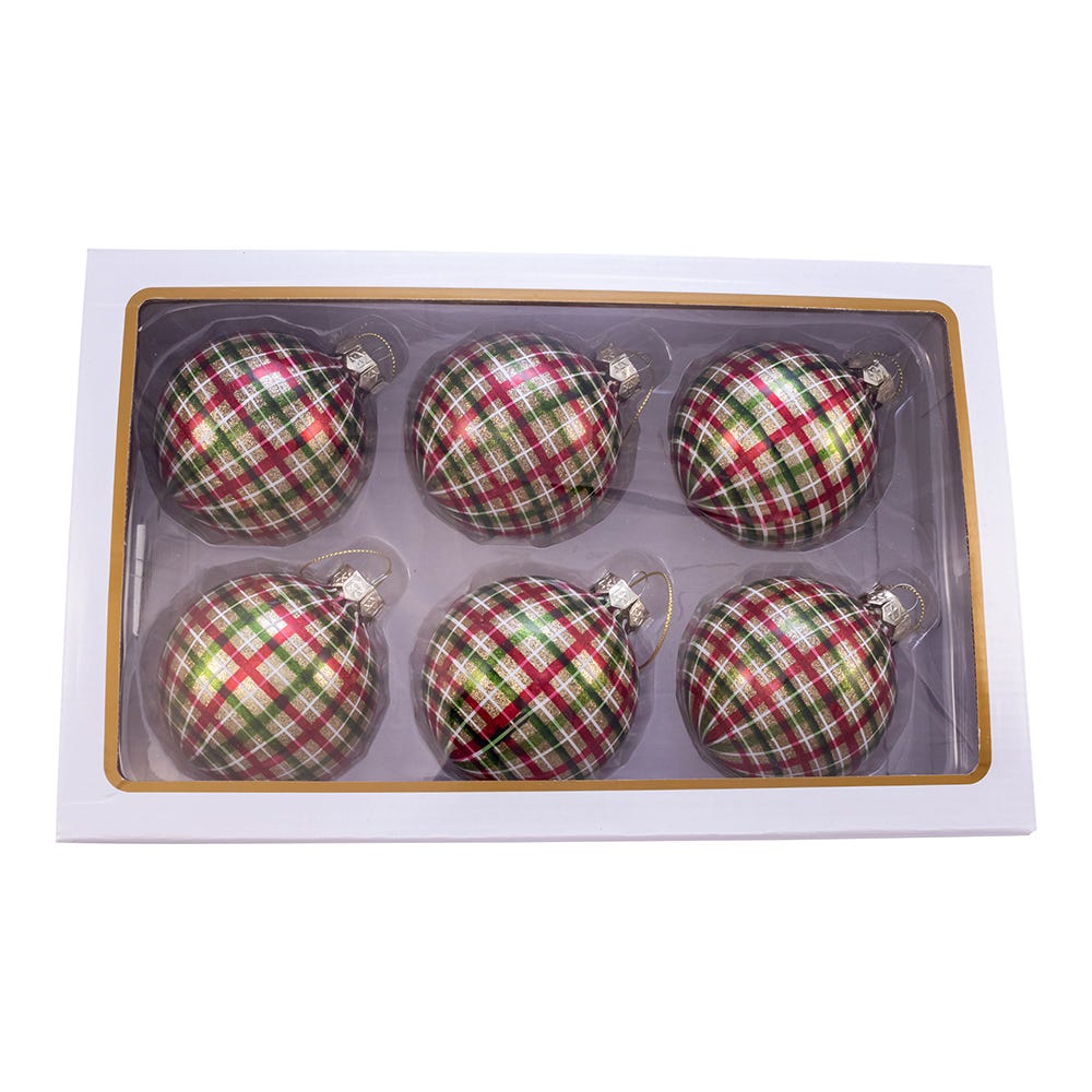 Shop For Kurt Adler 80MM Red and Green Plaid Glass Ball Ornaments, 6 Piece Box