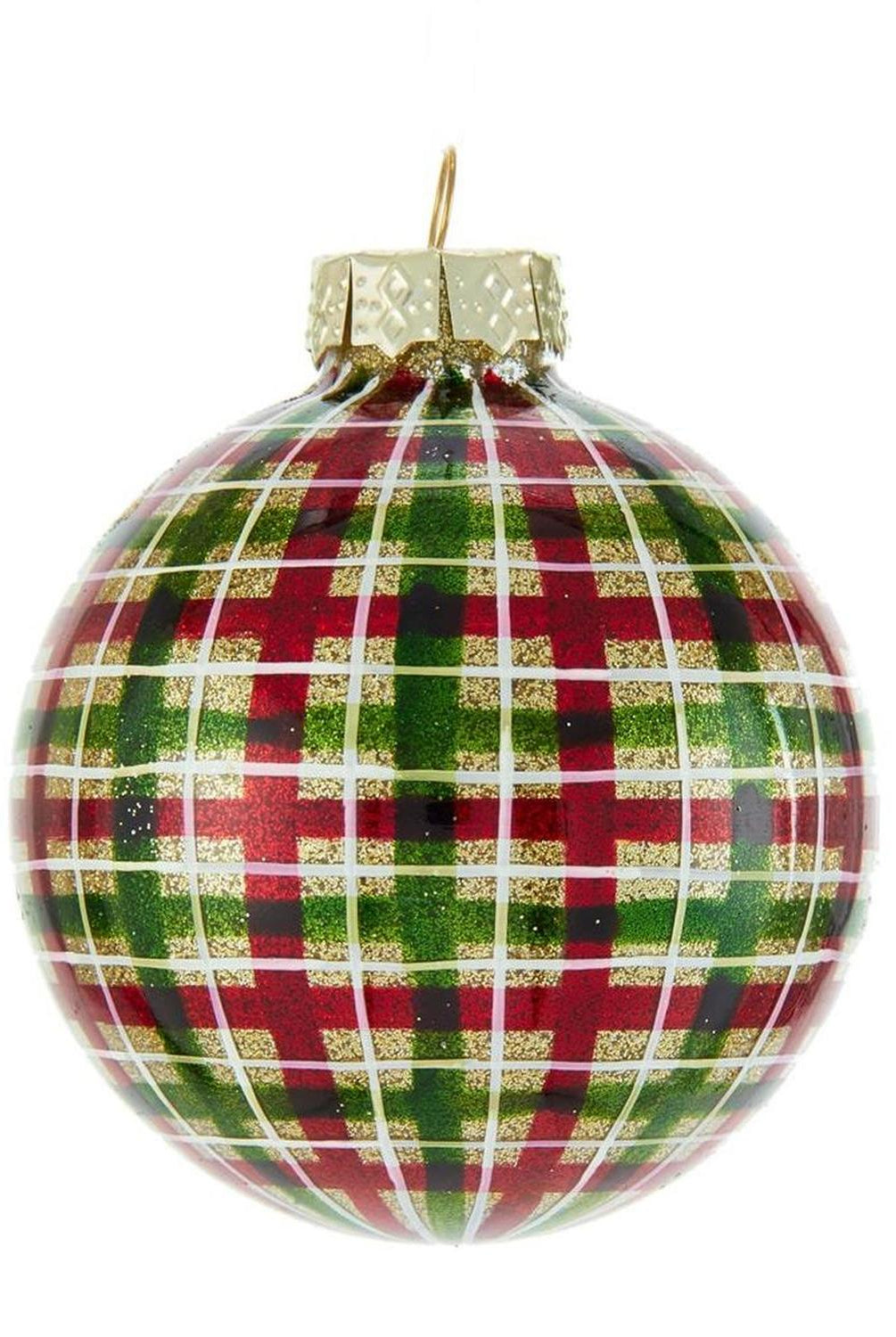 Kurt Adler 80MM Red and Green Plaid Glass Ball Ornaments, 6 Piece Box